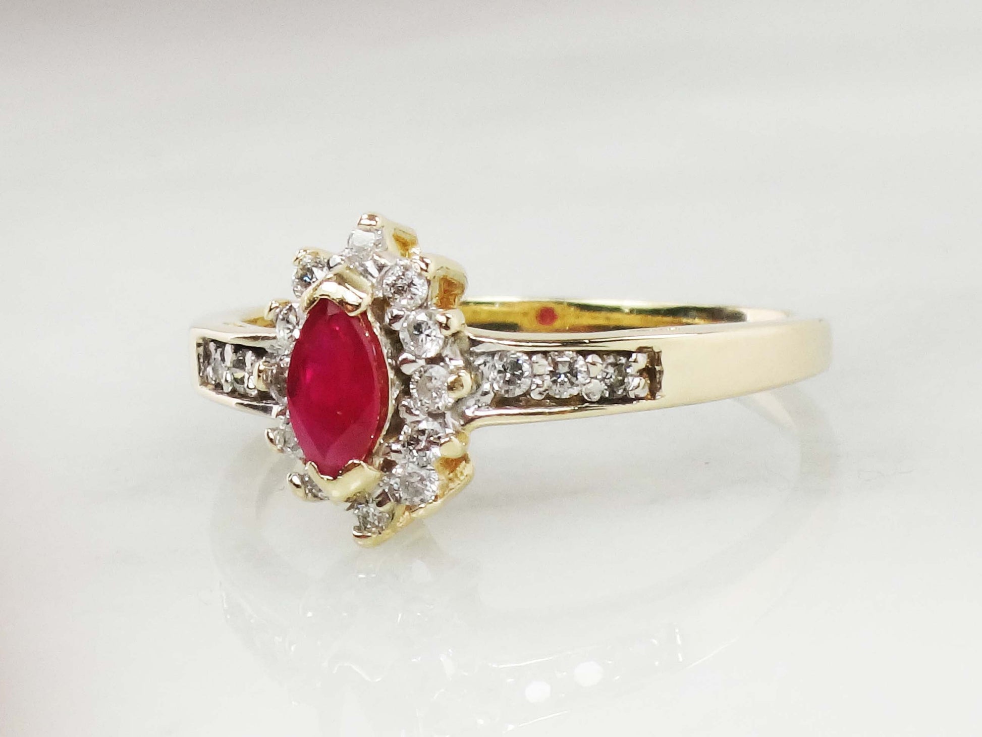 Vintage 14k Yellow Gold Marquise Ruby Diamond Halo Ring - Size 7.25