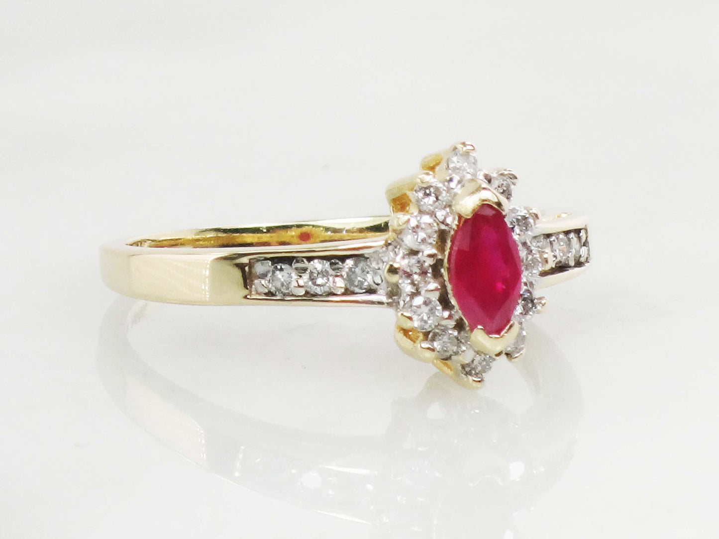 Vintage 14k Yellow Gold Marquise Ruby Diamond Halo Ring - Size 7.25