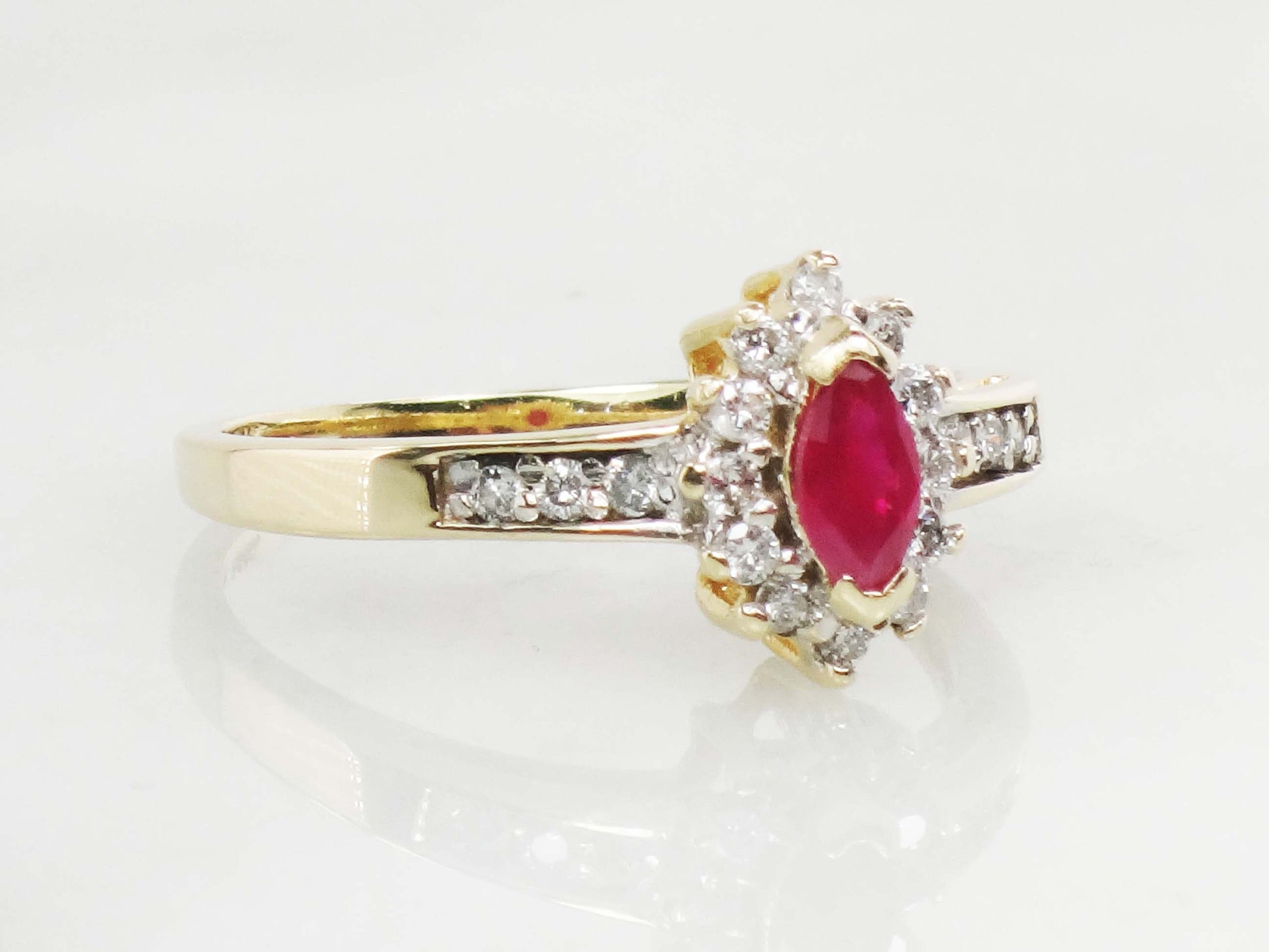 Vintage 14k Yellow Gold Marquise Ruby Diamond Halo Ring - Size 7.25
