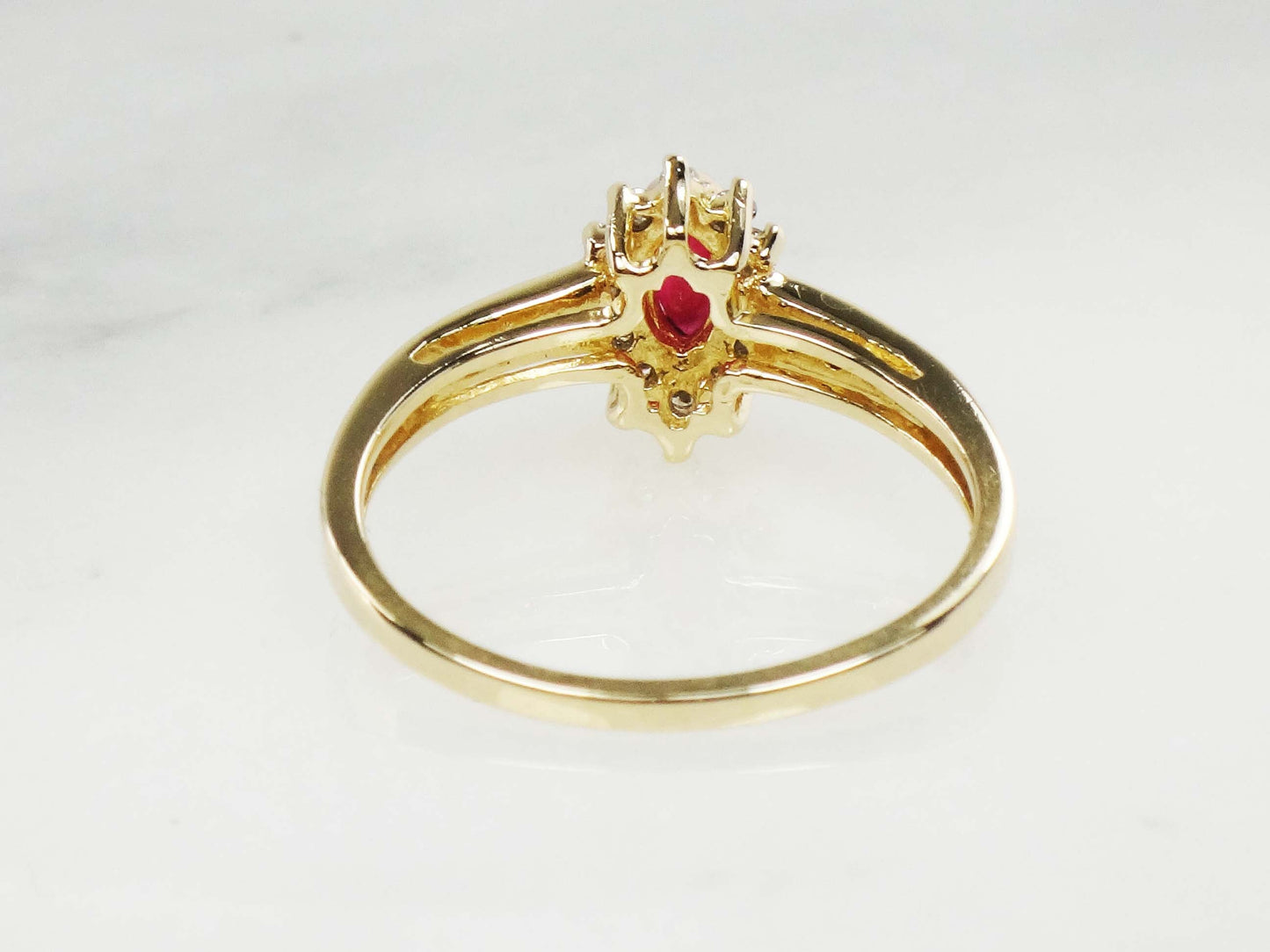 Vintage 14k Yellow Gold Marquise Ruby Diamond Halo Ring - Size 7.25
