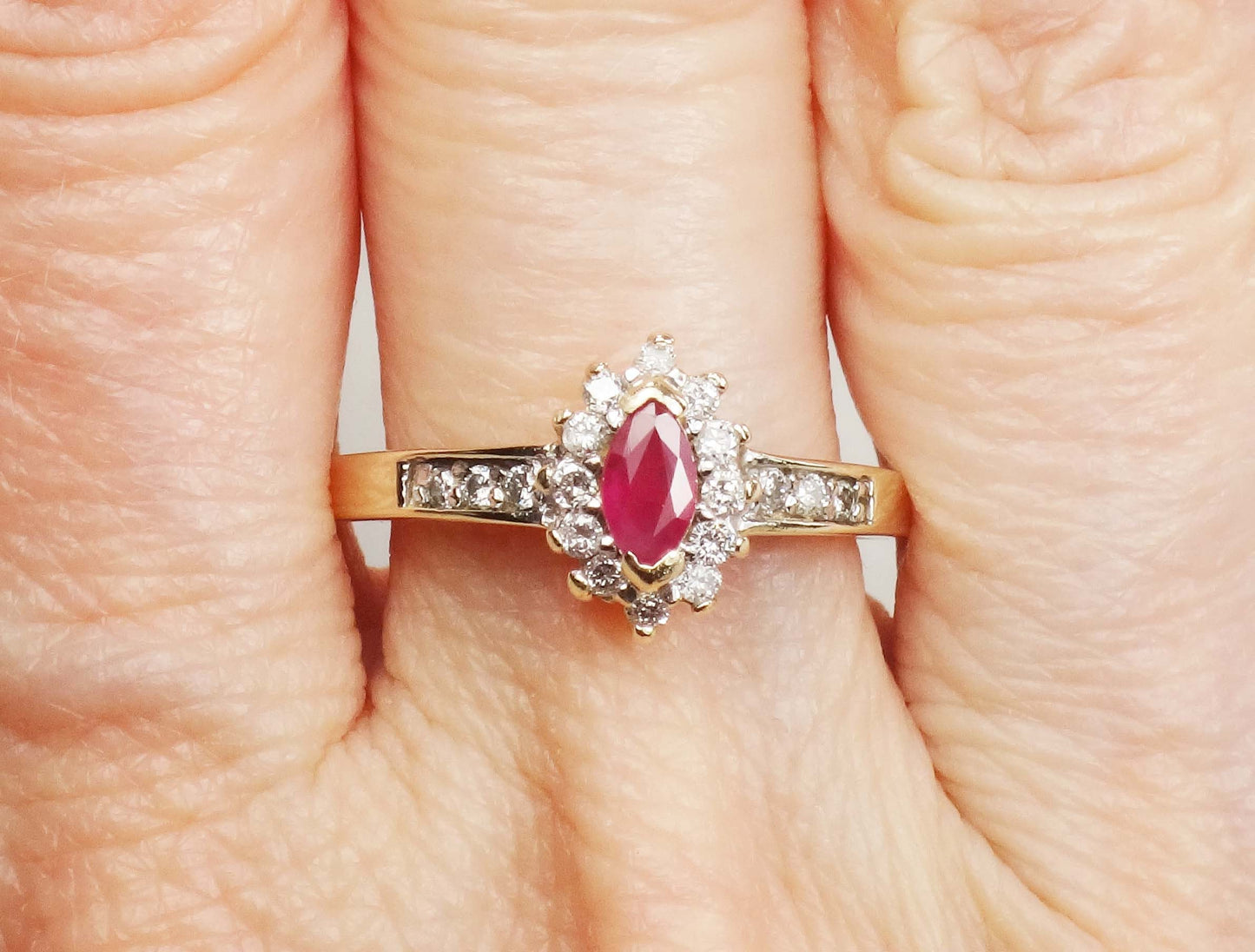 Vintage 14k Yellow Gold Marquise Ruby Diamond Halo Ring - Size 7.25
