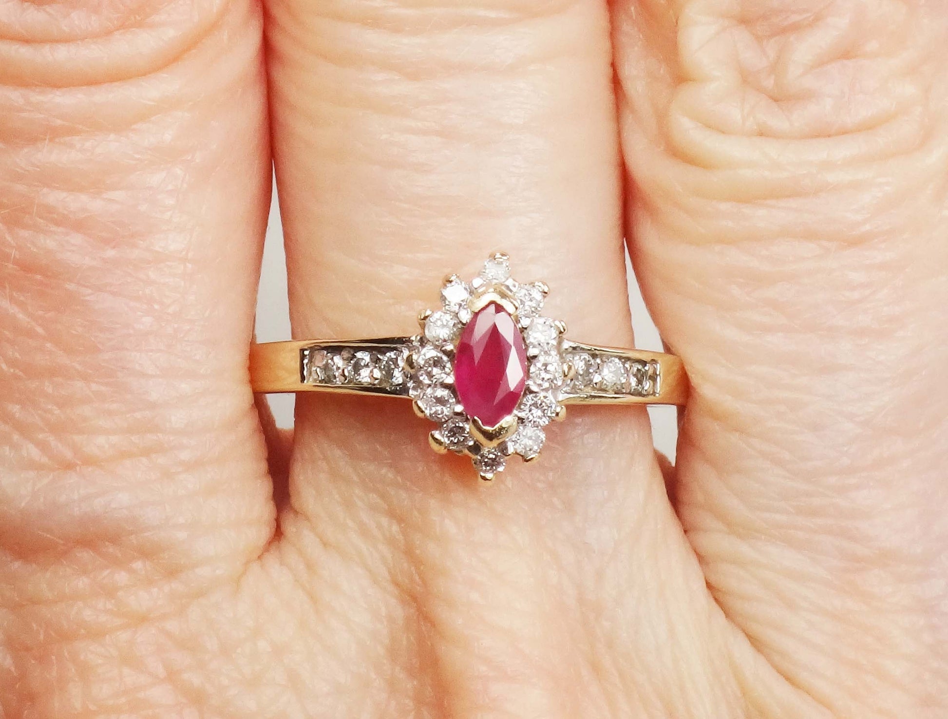 Vintage 14k Yellow Gold Marquise Ruby Diamond Halo Ring - Size 7.25
