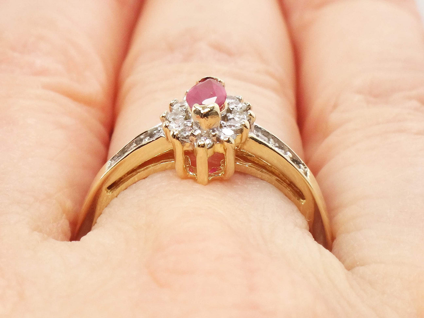 Vintage 14k Yellow Gold Marquise Ruby Diamond Halo Ring - Size 7.25