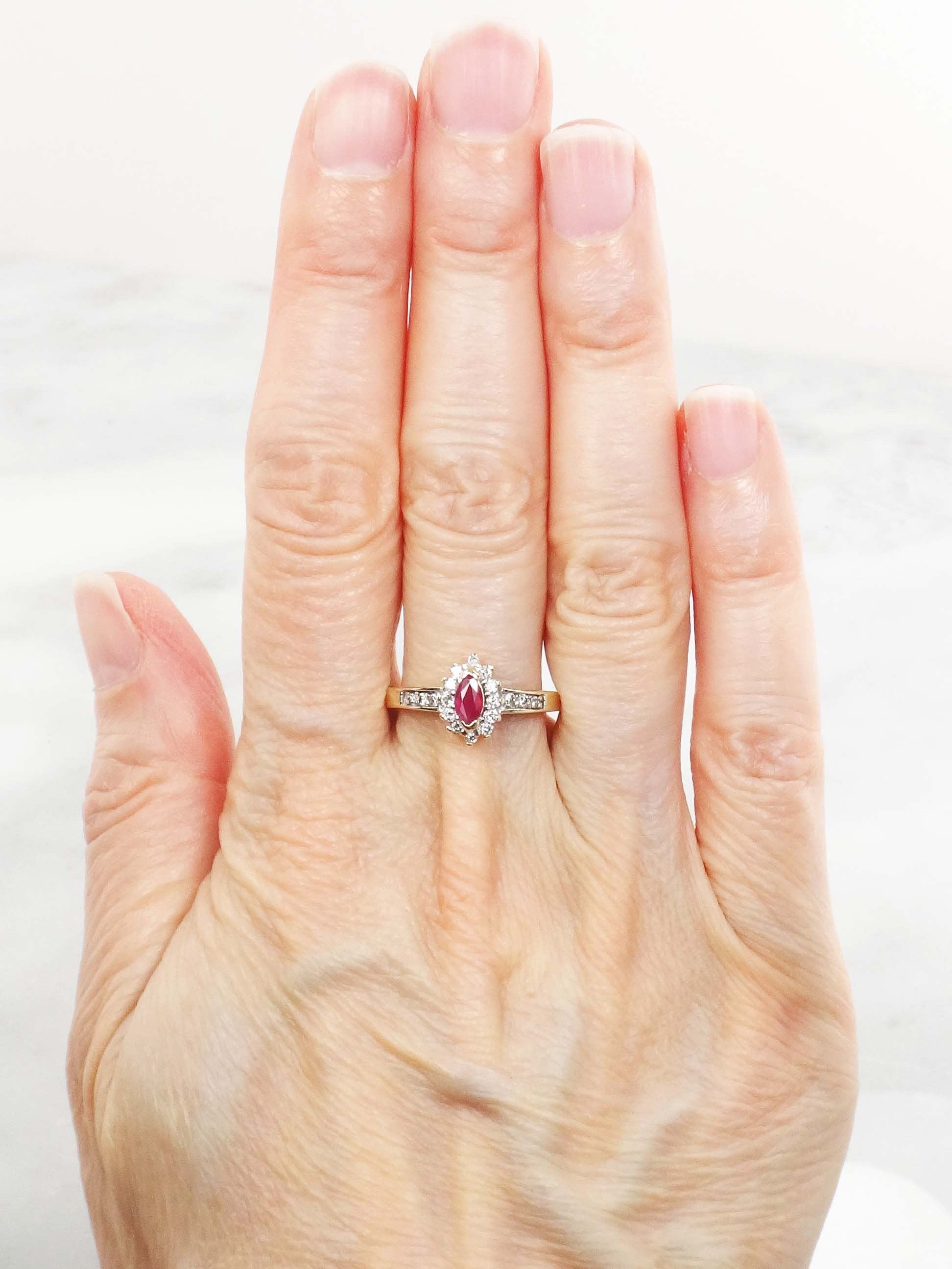 Vintage 14k Yellow Gold Marquise Ruby Diamond Halo Ring - Size 7.25