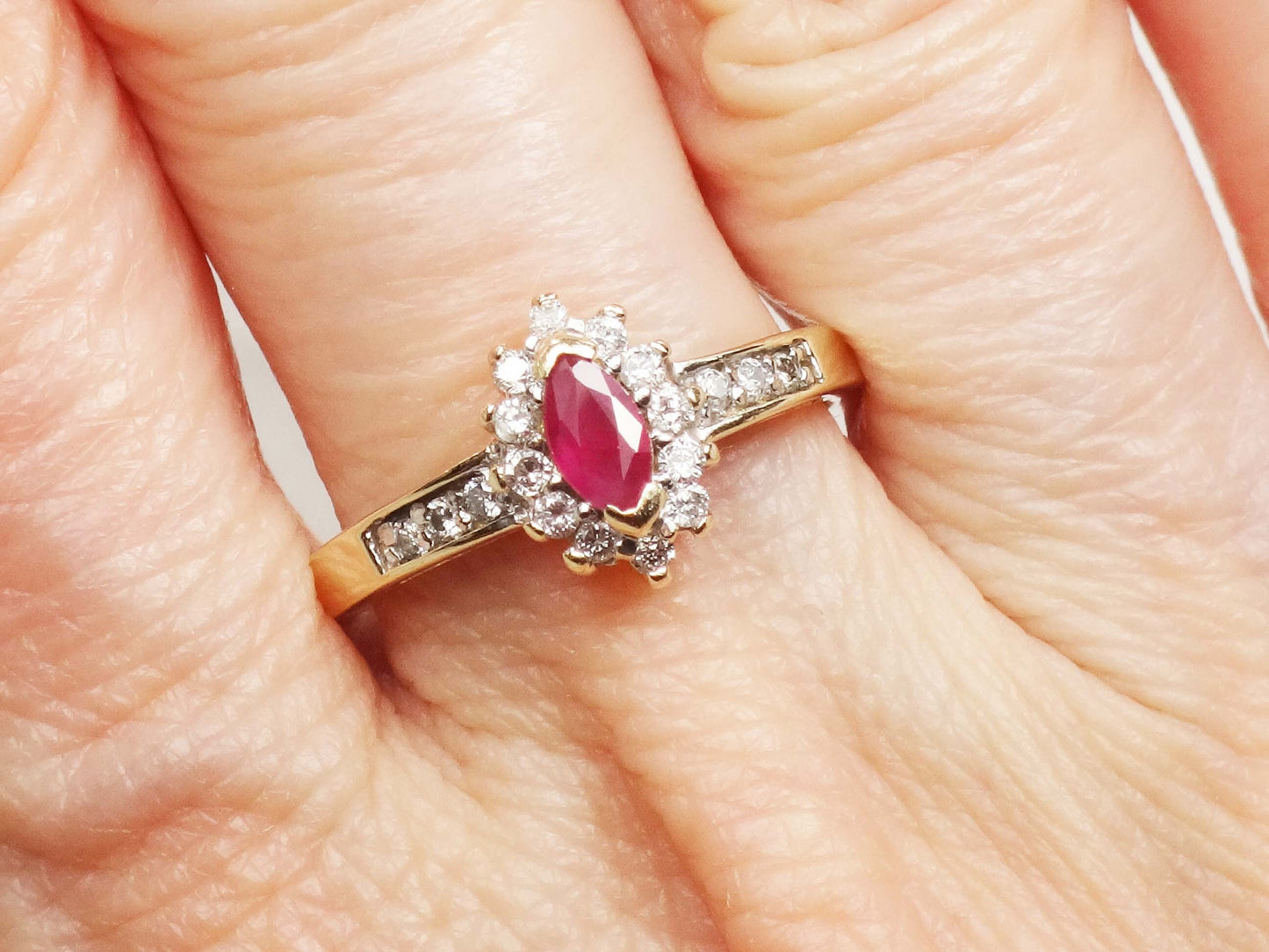 Vintage 14k Yellow Gold Marquise Ruby Diamond Halo Ring - Size 7.25