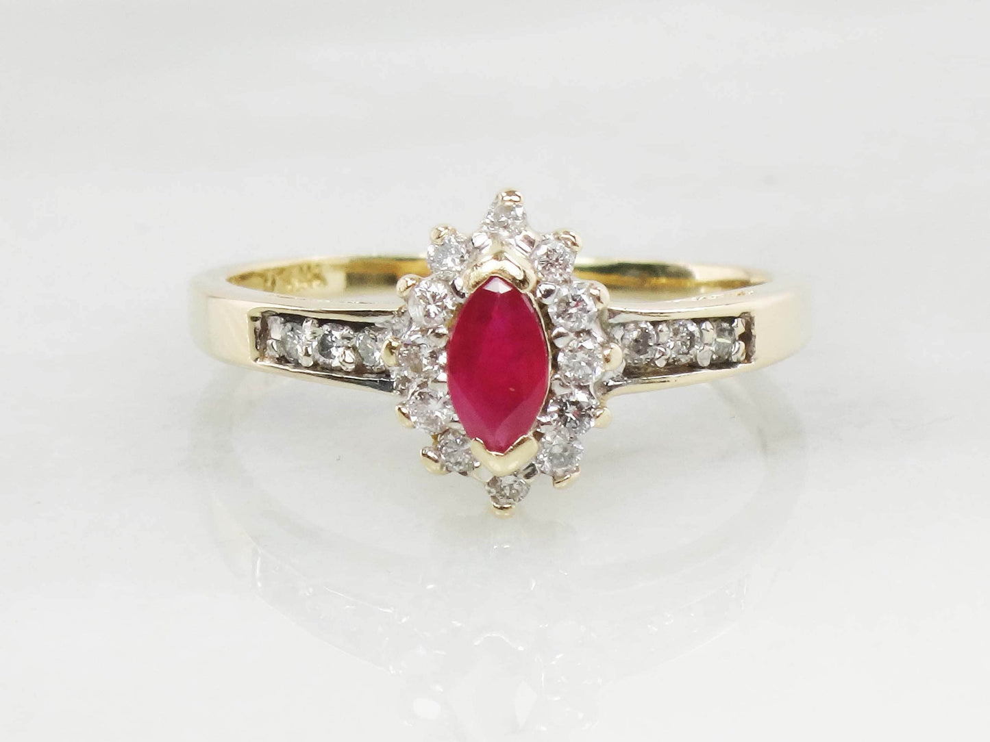 Vintage 14k Yellow Gold Marquise Ruby Diamond Halo Ring - Size 7.25