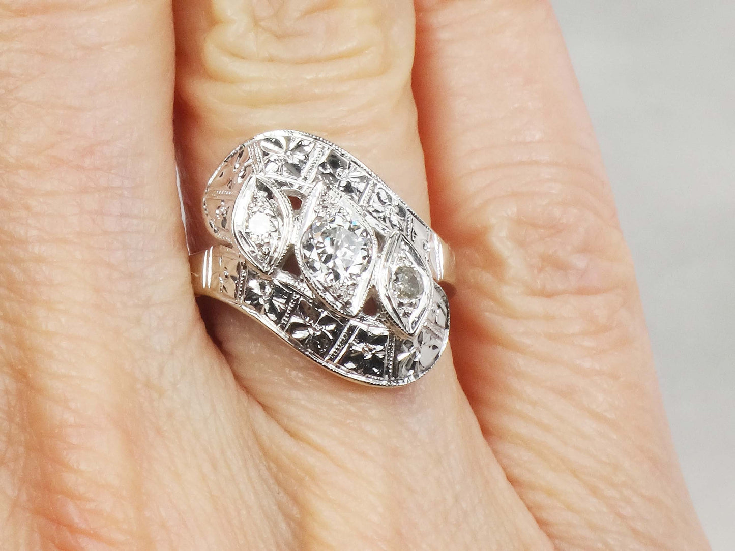 Vintage 14k White Gold Natural Diamond Orange Blossom Ring Circa 1940s Alternative Engagement Ring