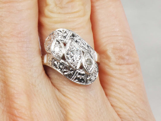 Vintage 14k White Gold Natural Diamond Orange Blossom Ring Circa 1940s Alternative Engagement Ring