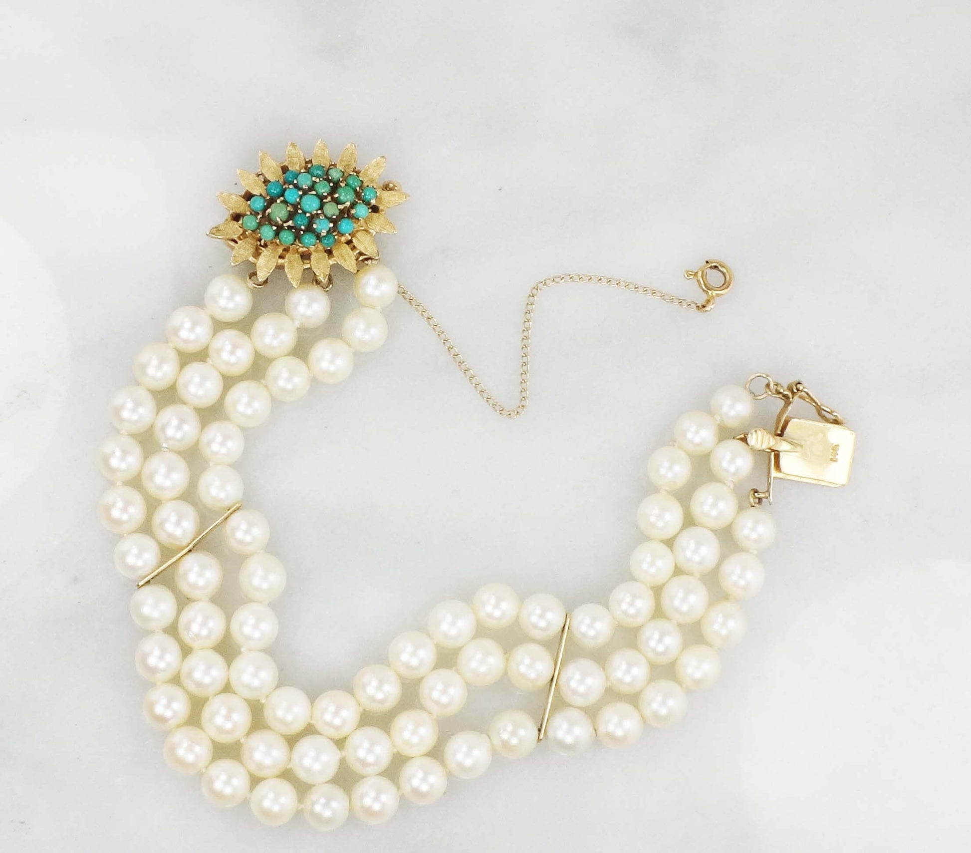 Vintage 14k Gold Triple Strand Pearl Bracelet with Turquoise Clasp Saltwater Cultured Pearl and Turquoise Bracelet - Bridal 6.5"