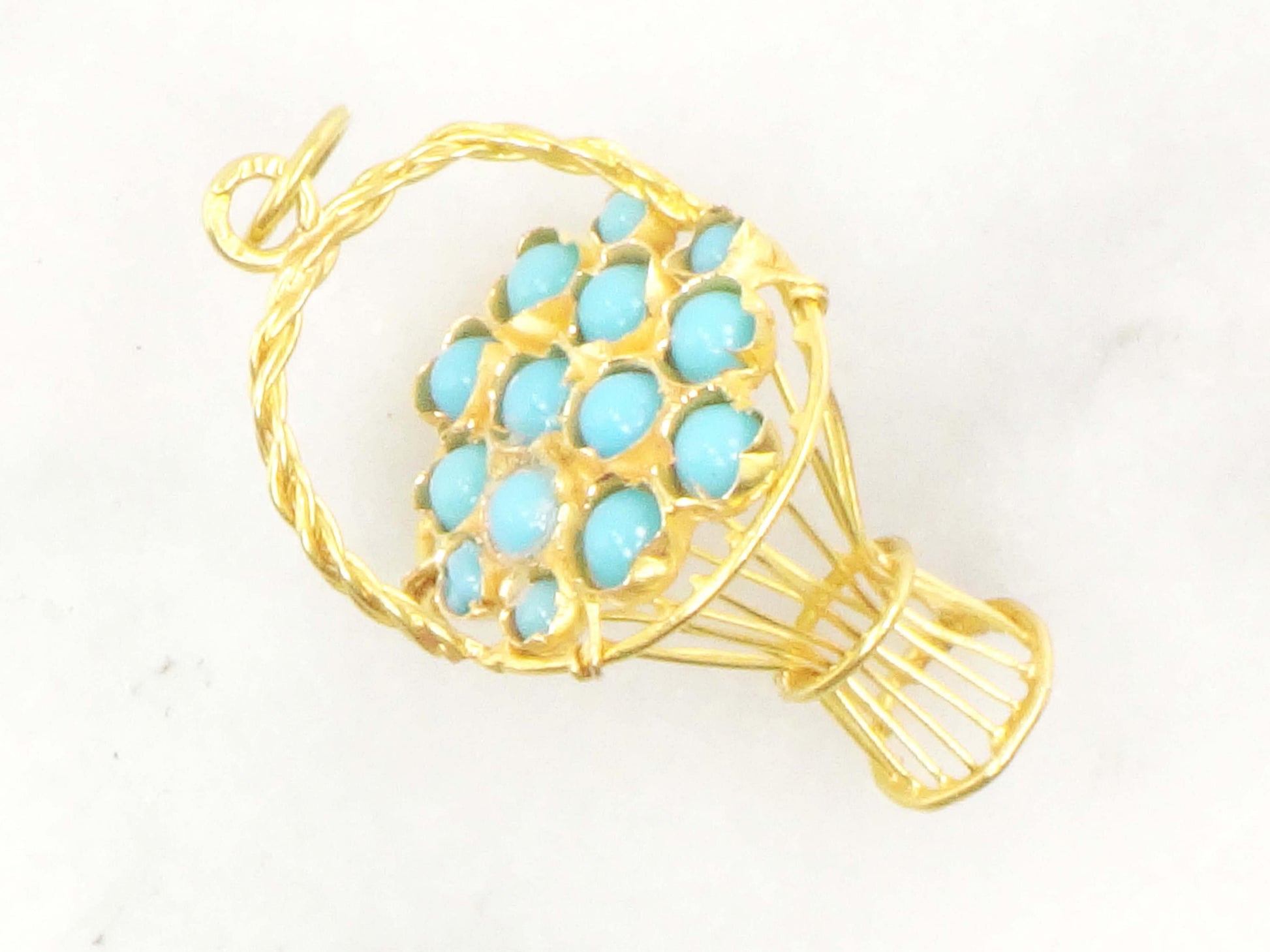 Vintage 18k Gold Turquoise Basket Charm 3D Basket Charm 18k Gold Blue Turquoise Charm Gold Basket Charm Gold Basket Pendant