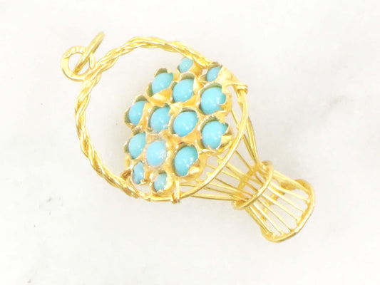 Vintage 18k Gold Turquoise Basket Charm 3D Basket Charm 18k Gold Blue Turquoise Charm Gold Basket Charm Gold Basket Pendant