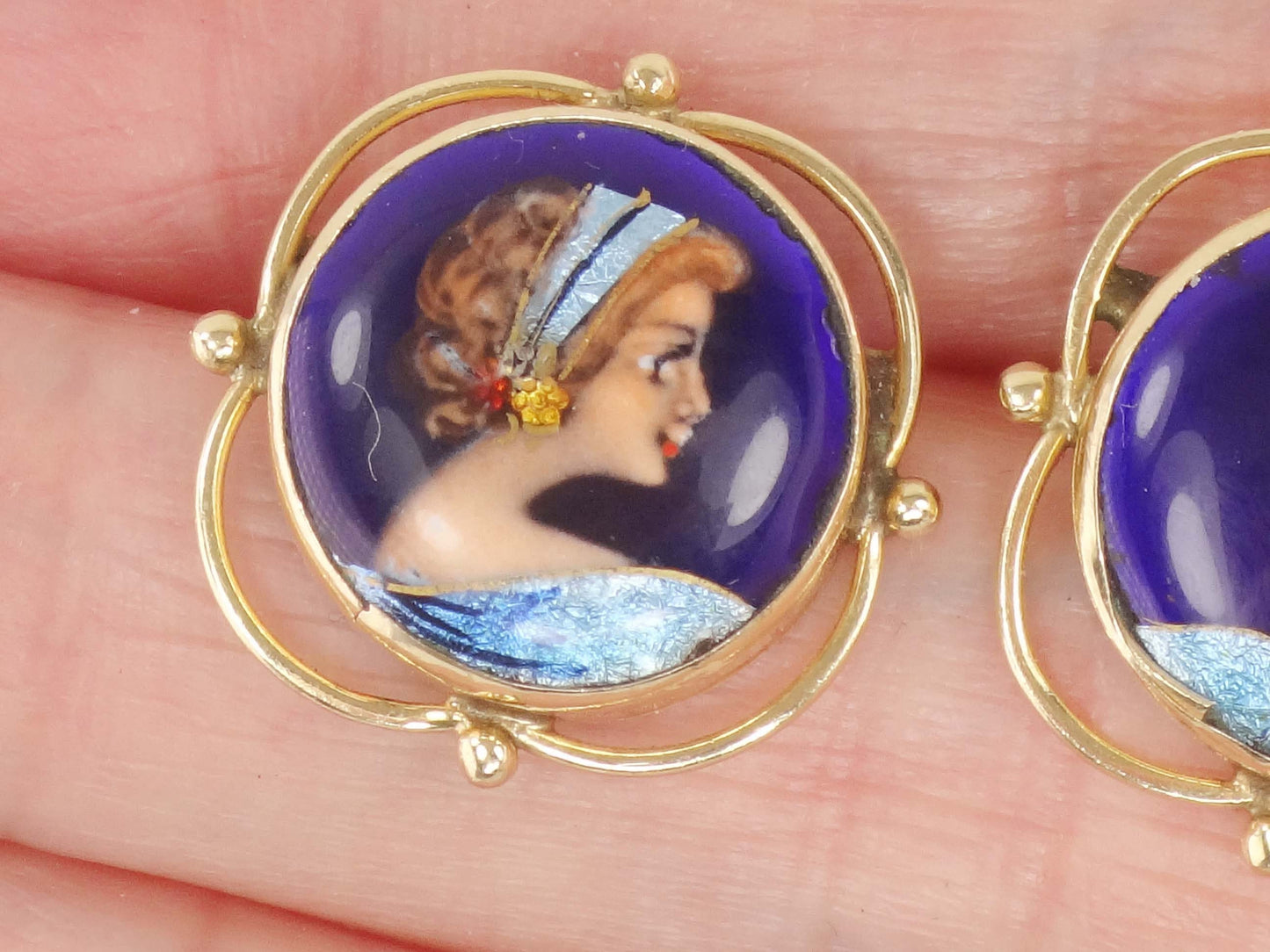 Vintage 14k French Painted Portrait Stud Earrings