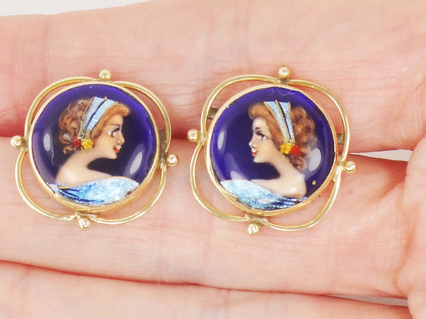 Vintage 14k French Painted Portrait Stud Earrings