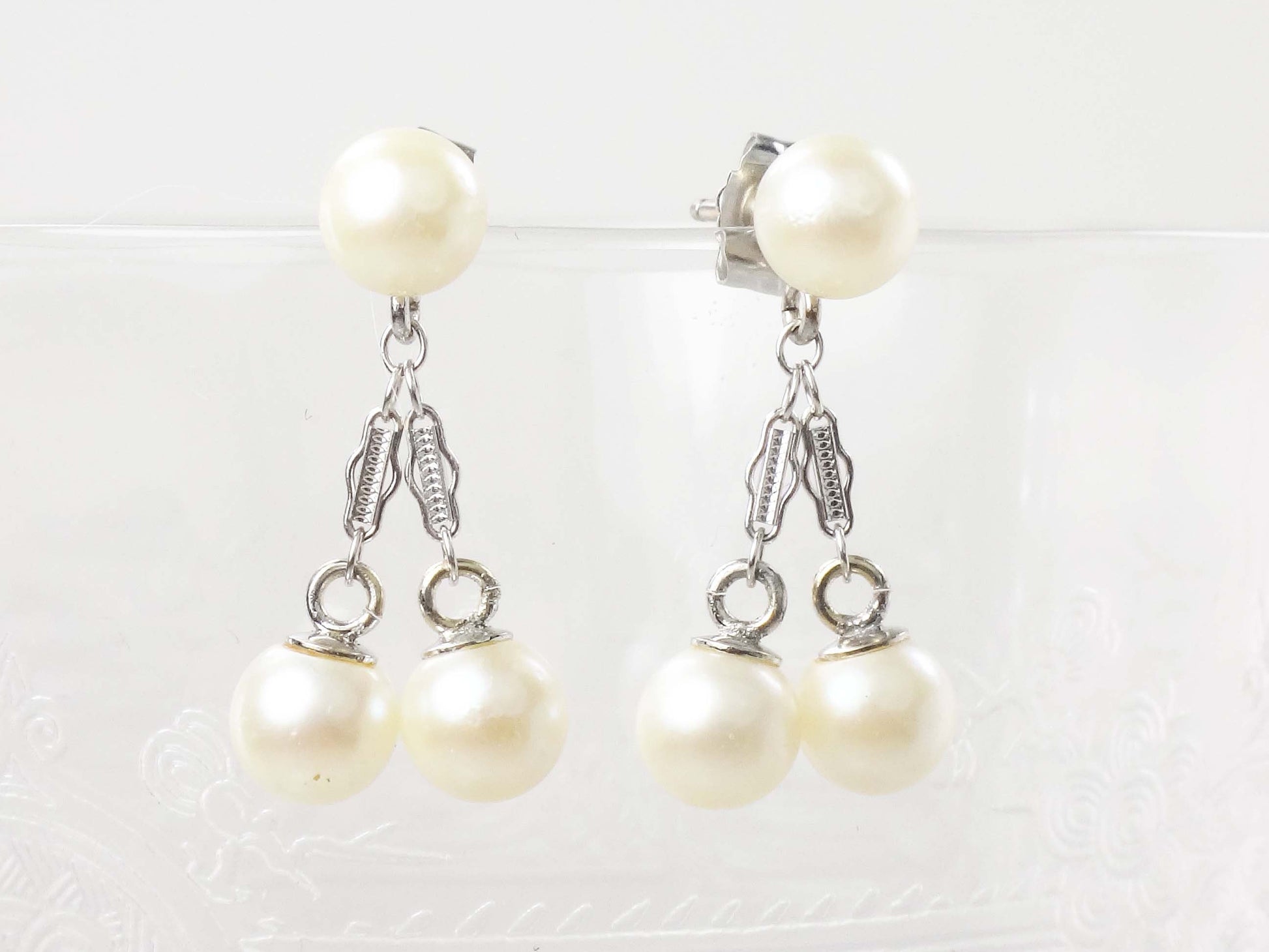 Vintage 14k White Gold Pearl Dangle Earrings, Bridal Fine Jewelry