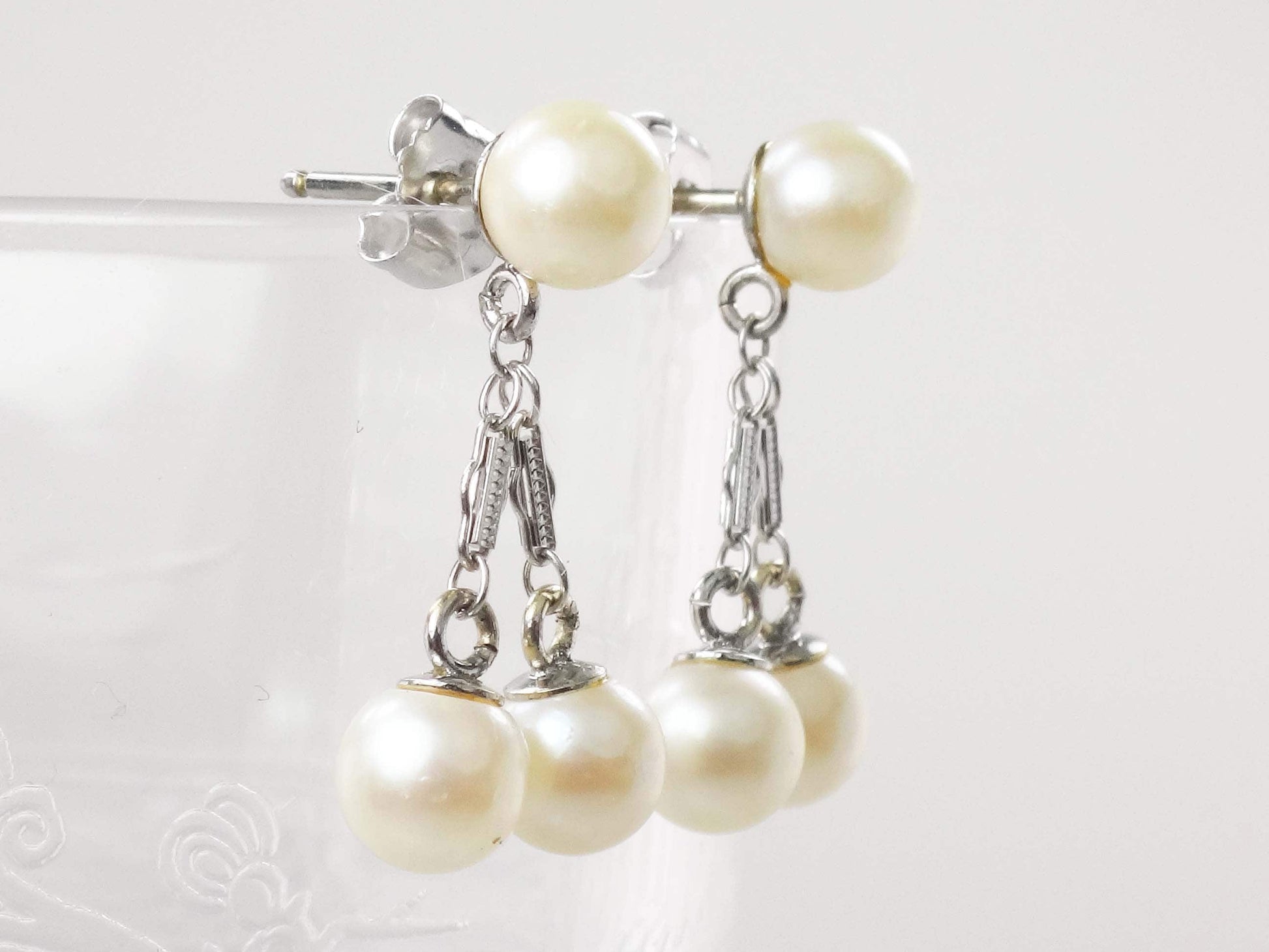 Vintage 14k White Gold Pearl Dangle Earrings, Bridal Fine Jewelry