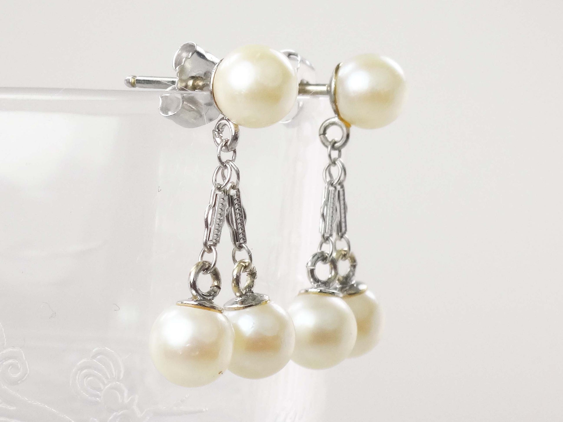 Vintage 14k White Gold Pearl Dangle Earrings, Bridal Fine Jewelry