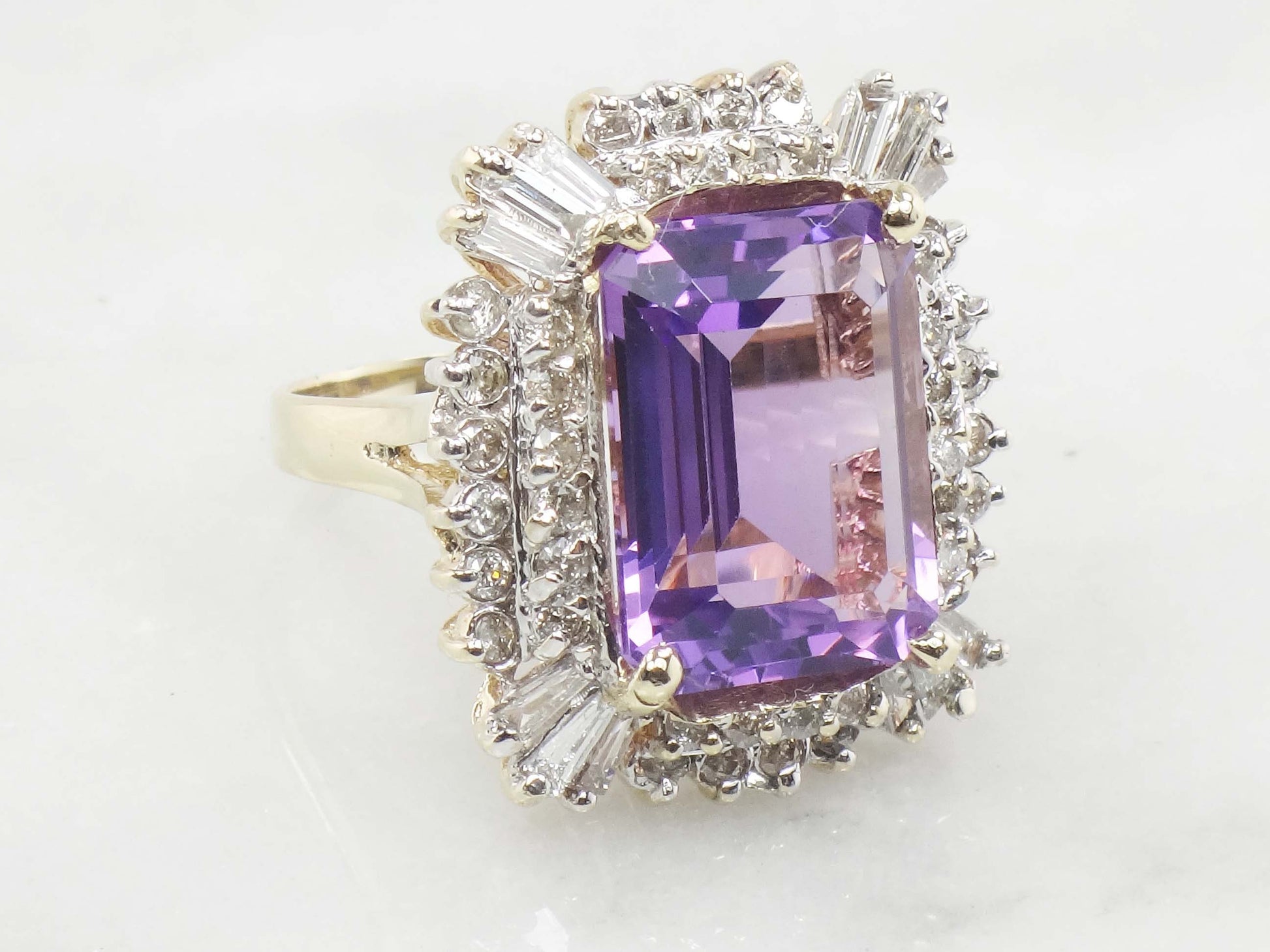 Vintage Large 14k Gold Amethyst Ring with Diamonds, 10 CT Natural Amethyst Statement Ring 1.5 CT Diamonds