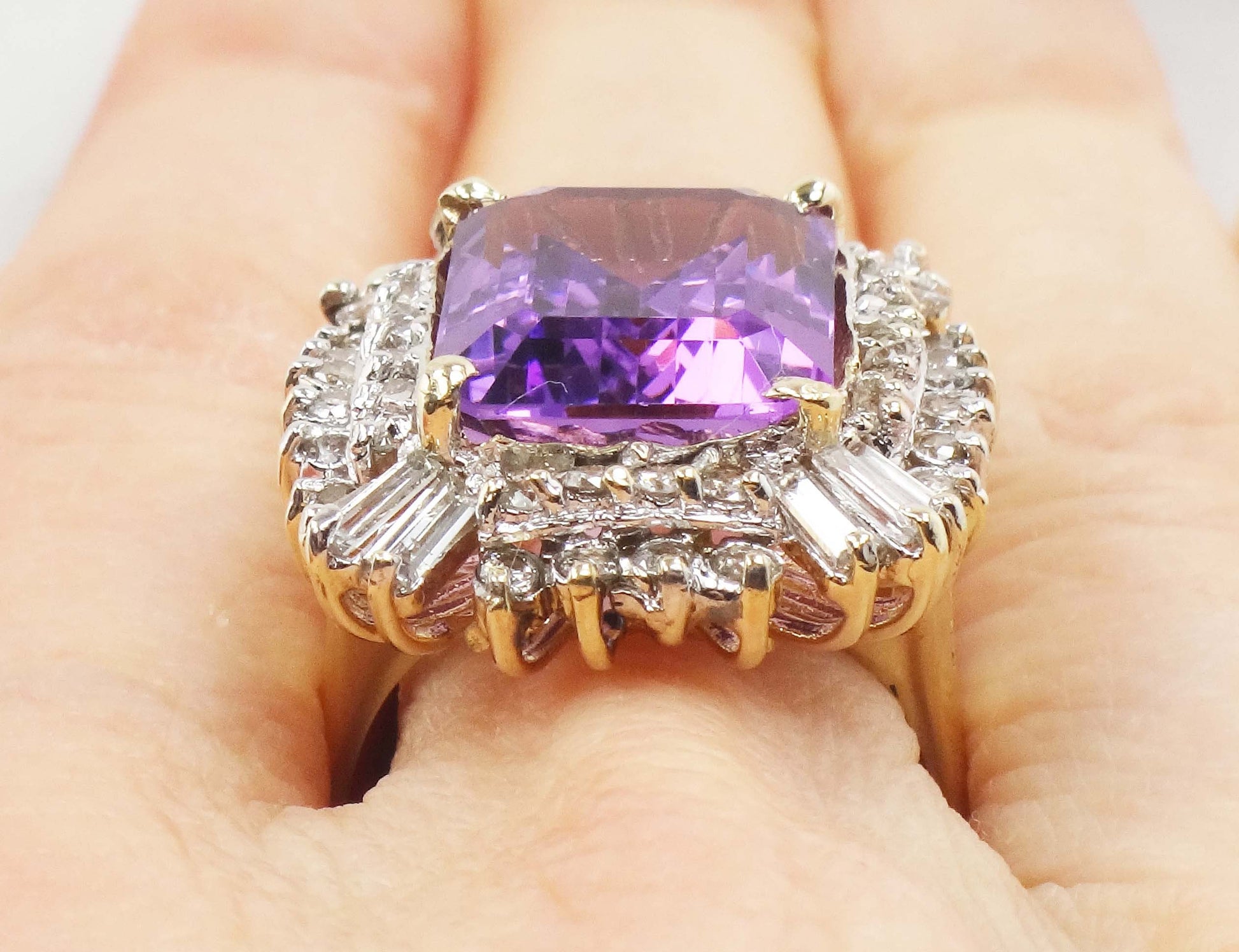 Vintage Large 14k Gold Amethyst Ring with Diamonds, 10 CT Natural Amethyst Statement Ring 1.5 CT Diamonds