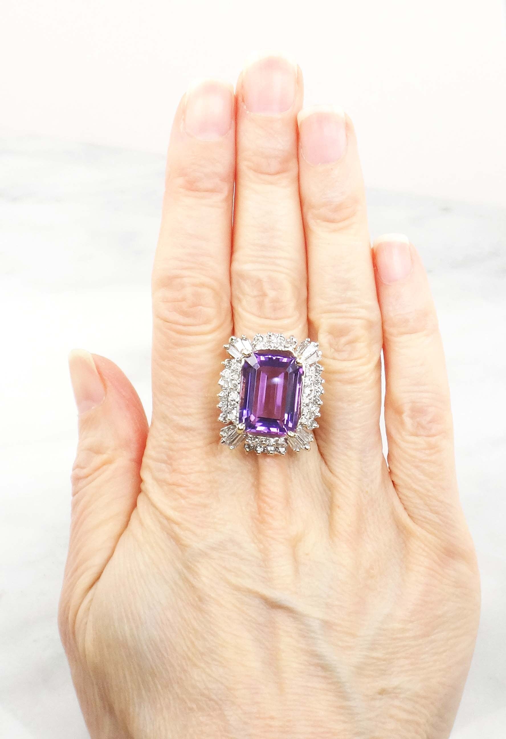Vintage Large 14k Gold Amethyst Ring with Diamonds, 10 CT Natural Amethyst Statement Ring 1.5 CT Diamonds
