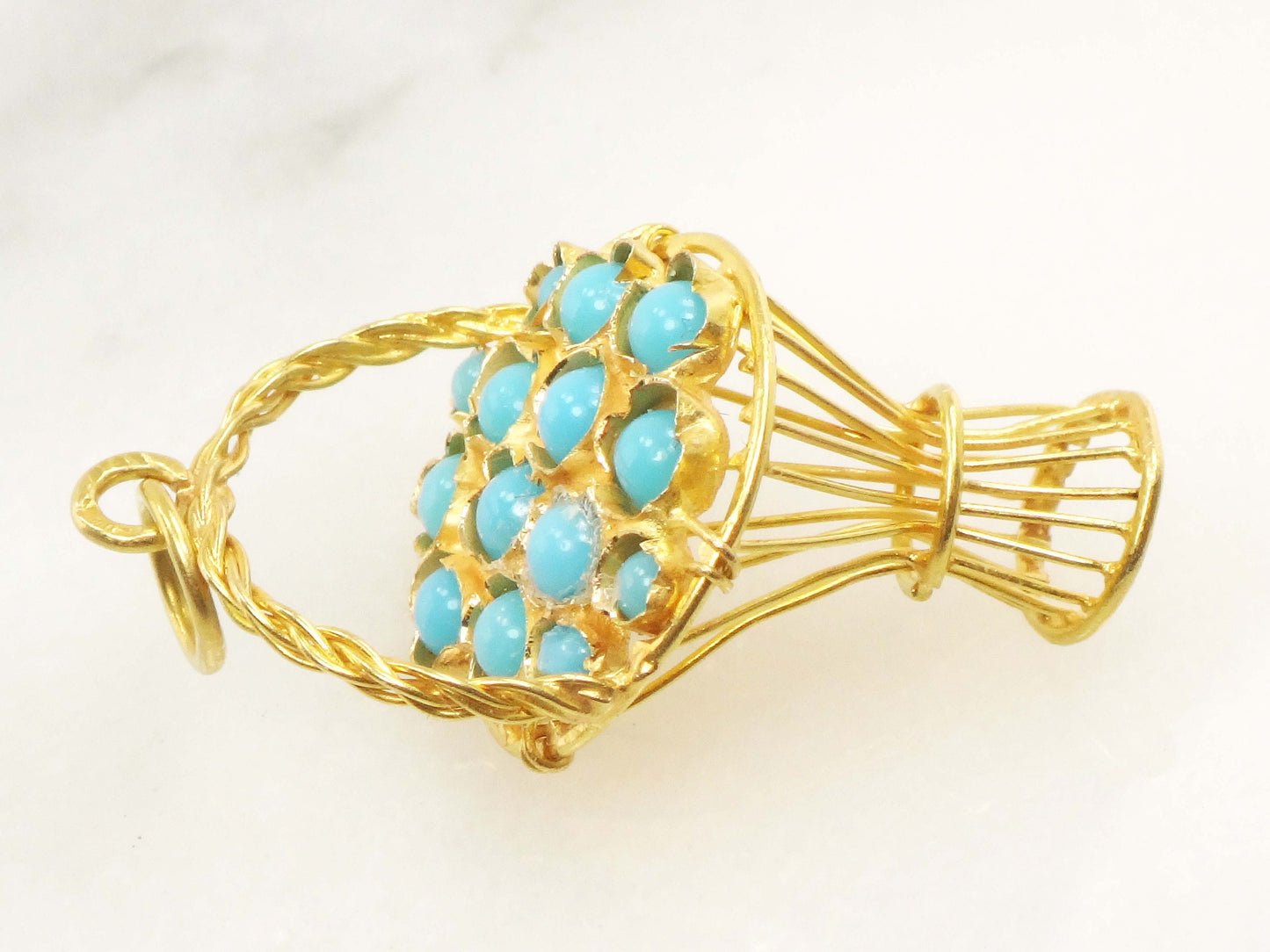 Vintage 18k Gold Turquoise Basket Charm 3D Basket Charm 18k Gold Blue Turquoise Charm Gold Basket Charm Gold Basket Pendant
