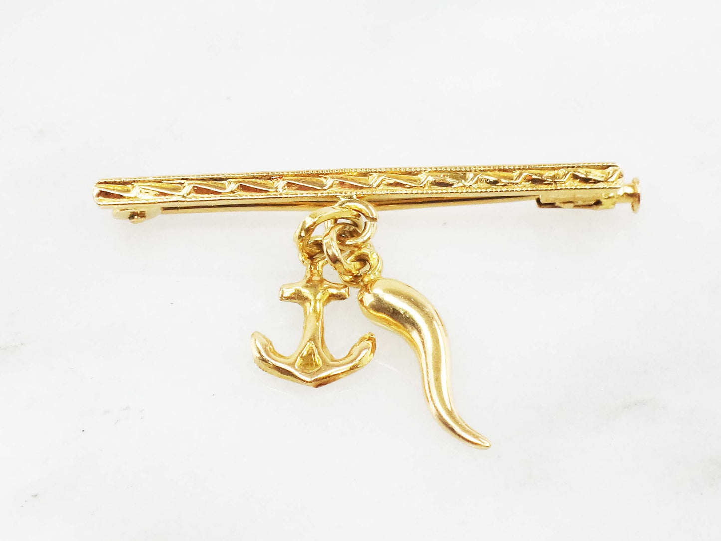 Vintage 18k Gold Baby Pin: Anchor & Italian Horn Charms