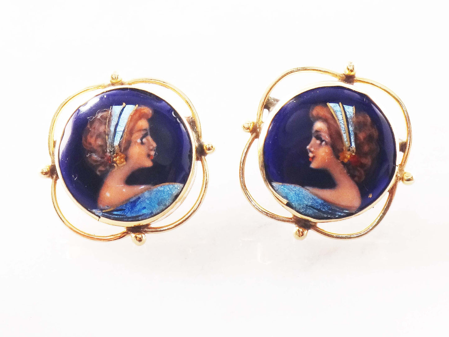 Vintage 14k French Painted Portrait Stud Earrings