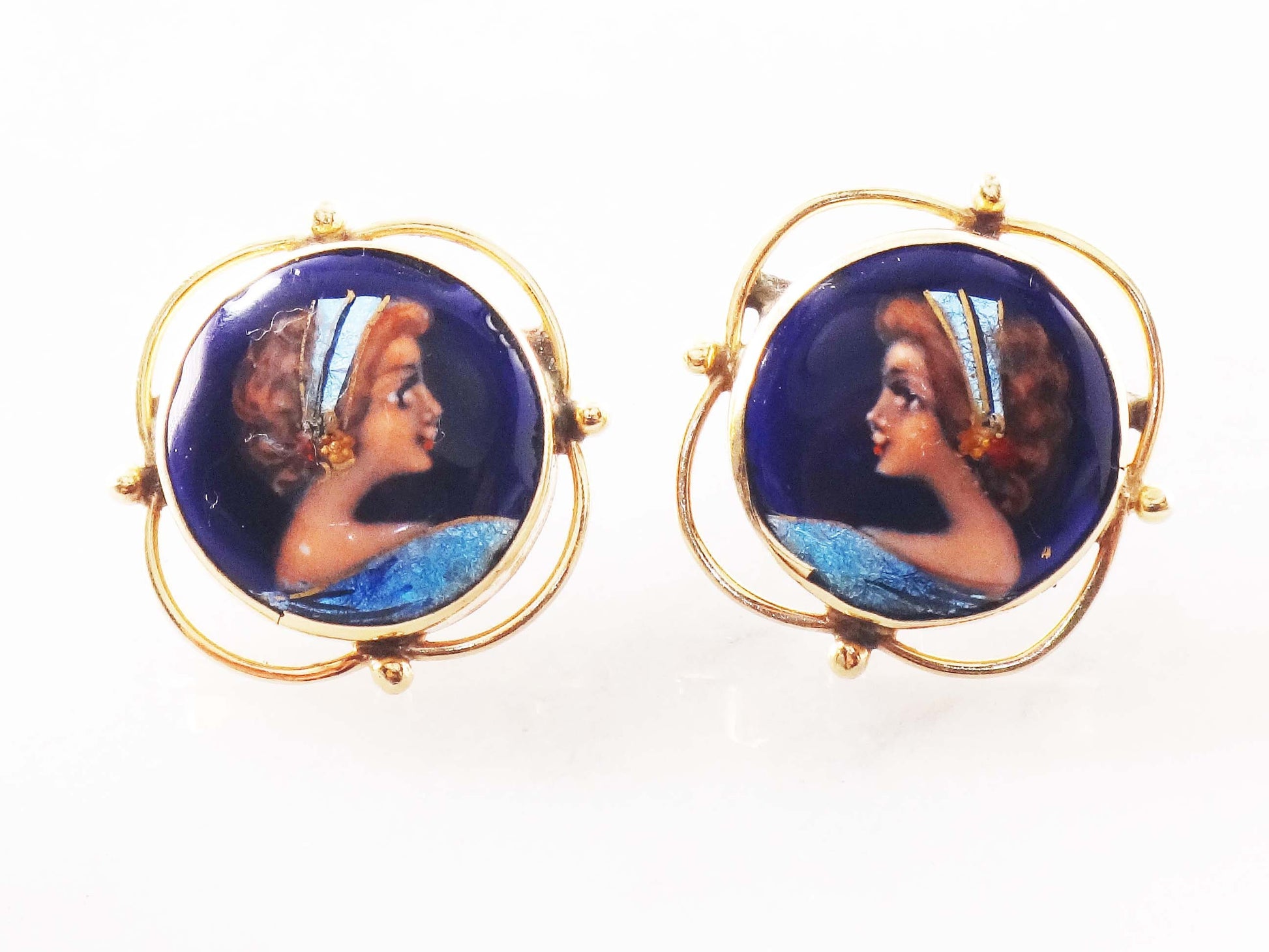 Vintage 14k French Painted Portrait Stud Earrings