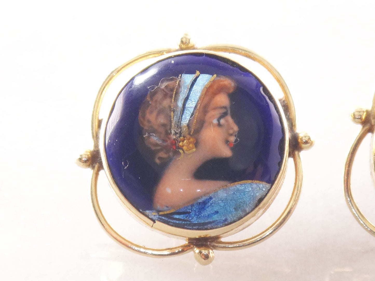 Vintage 14k French Painted Portrait Stud Earrings