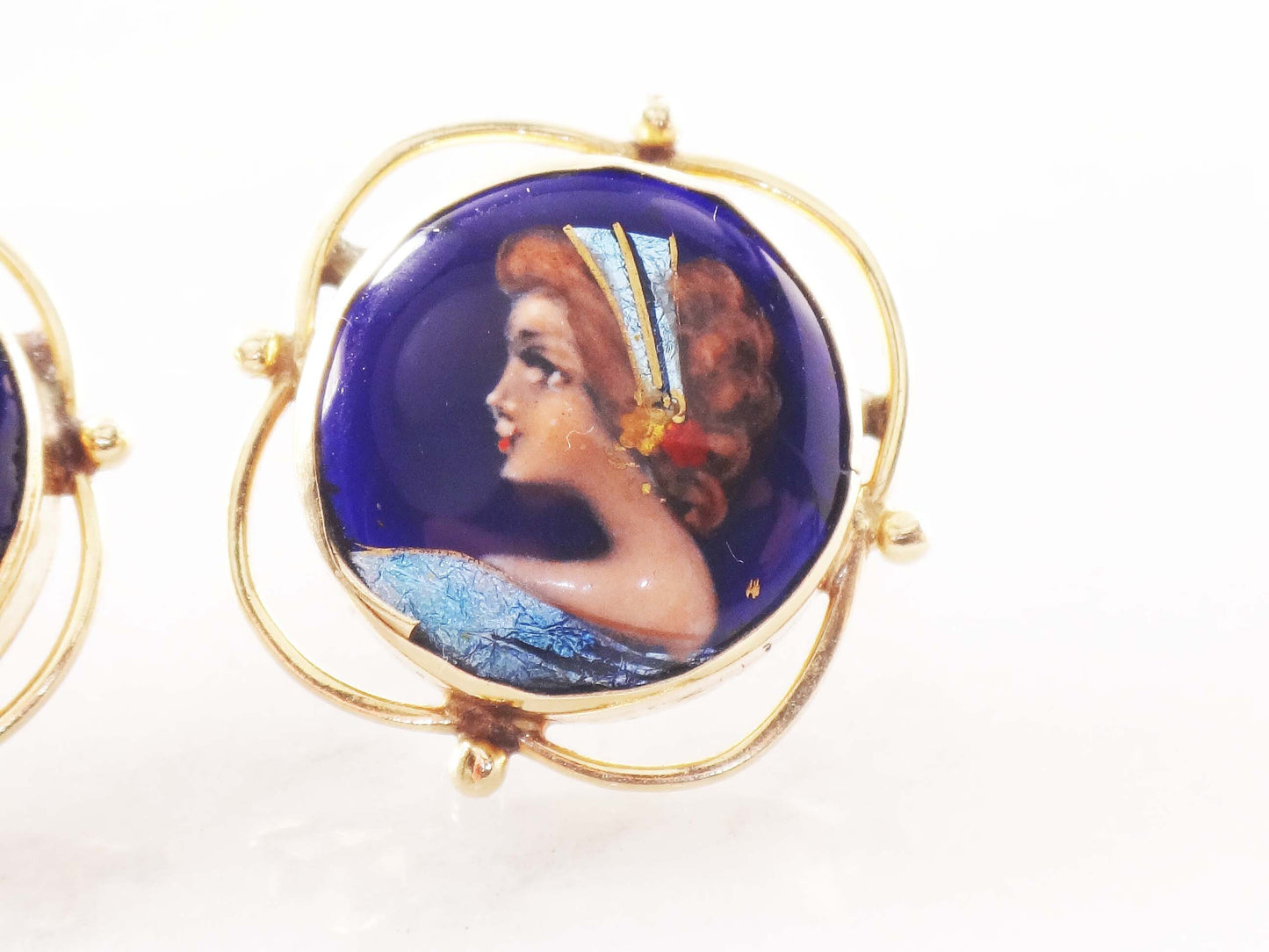 Vintage 14k French Painted Portrait Stud Earrings