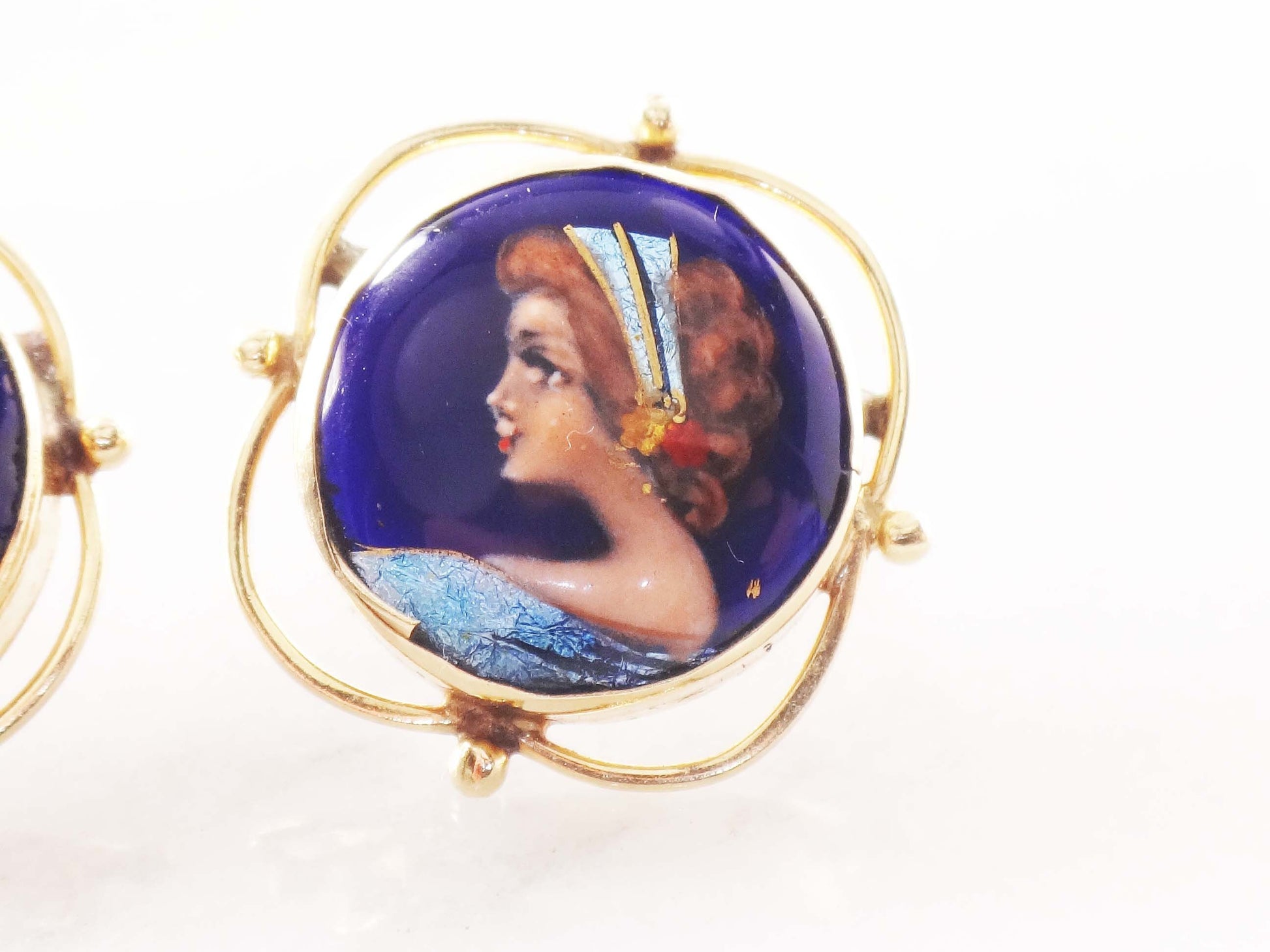 Vintage 14k French Painted Portrait Stud Earrings