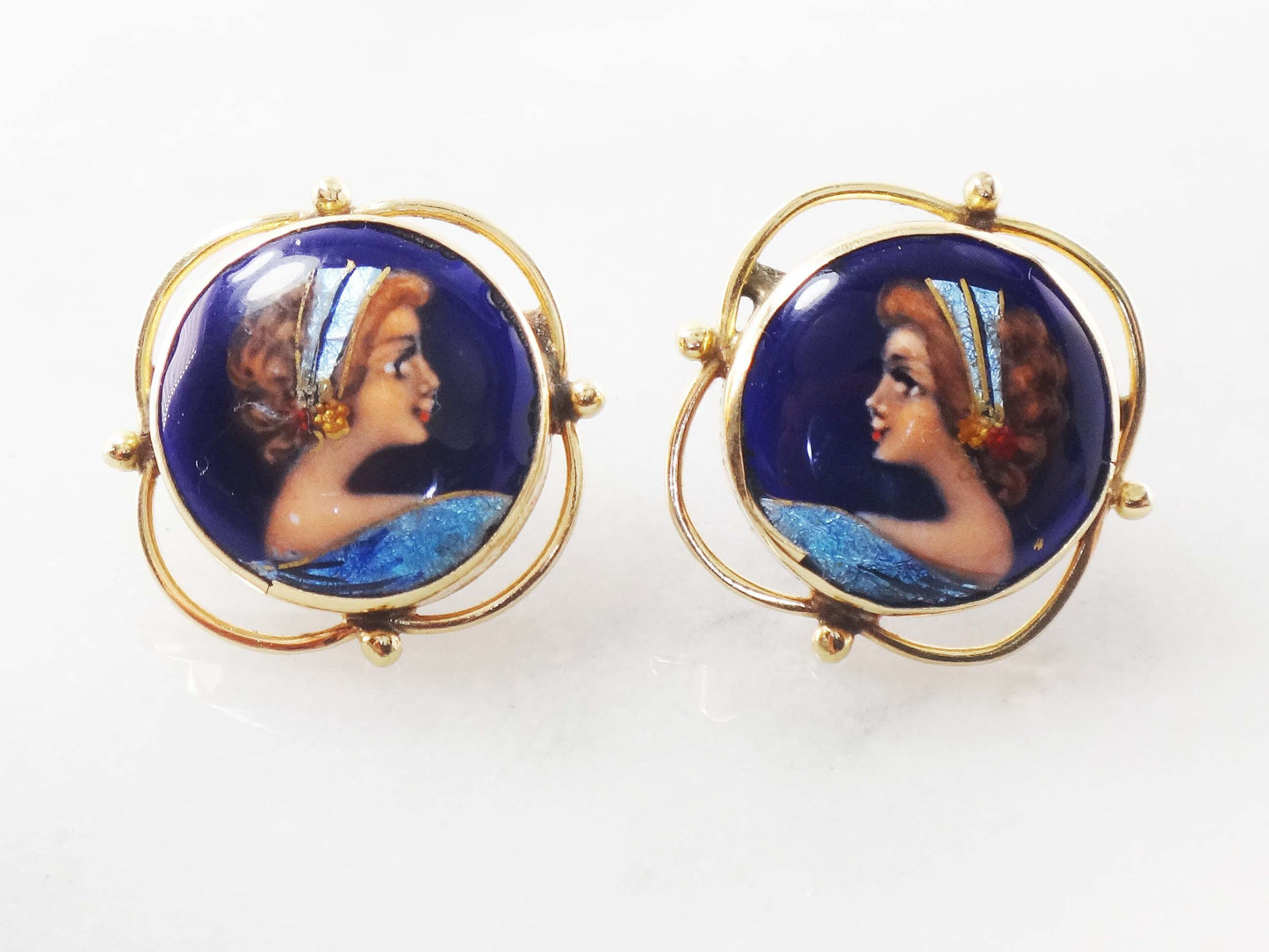 Vintage 14k French Painted Portrait Stud Earrings