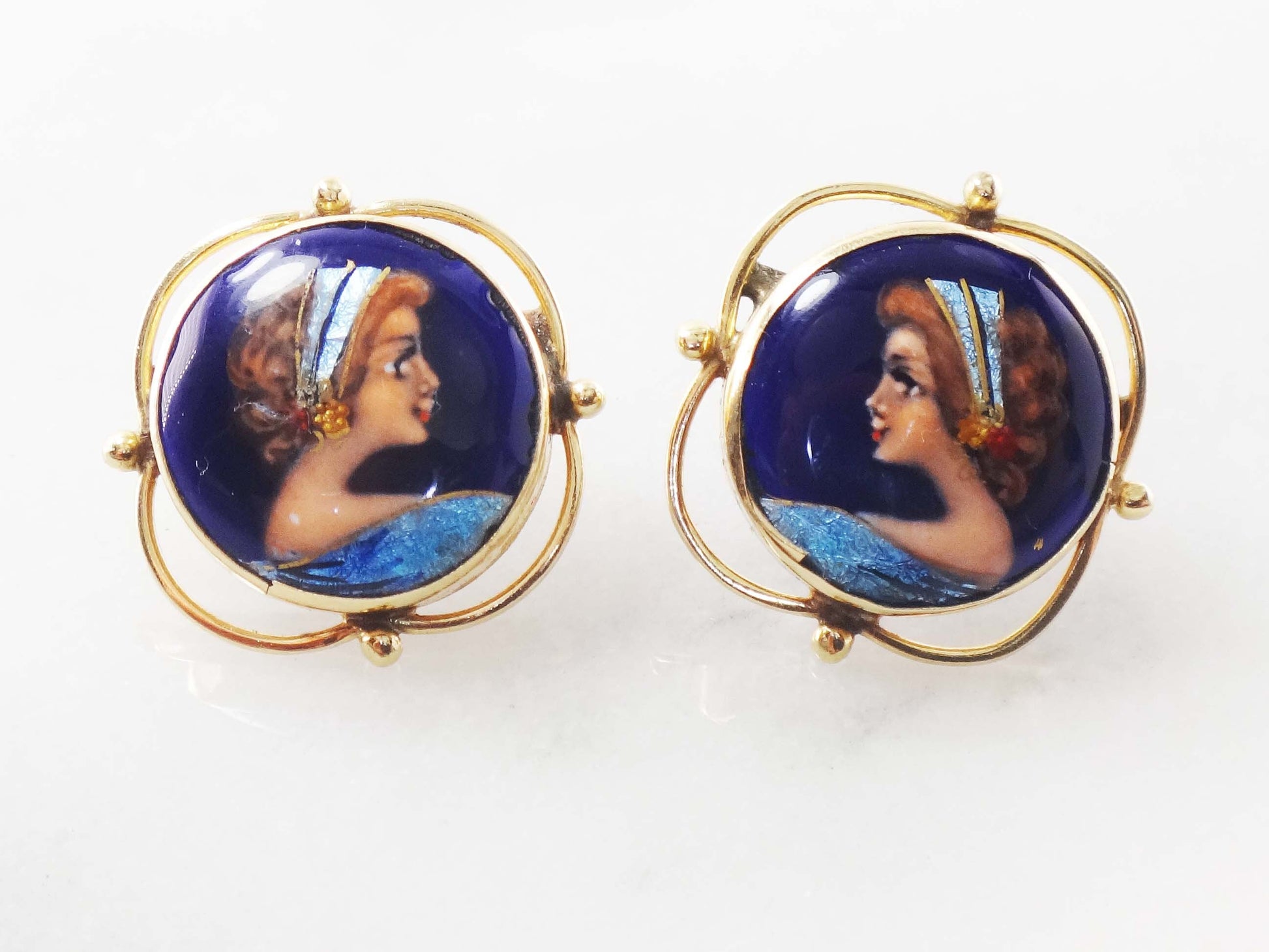 Vintage 14k French Painted Portrait Stud Earrings