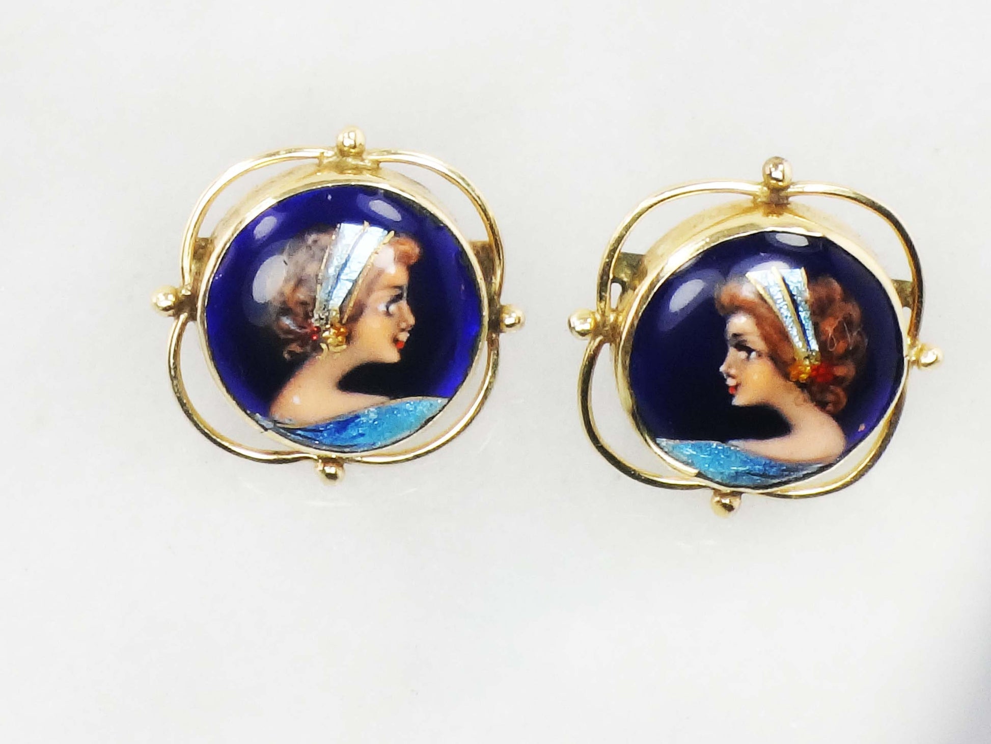Vintage 14k French Painted Portrait Stud Earrings