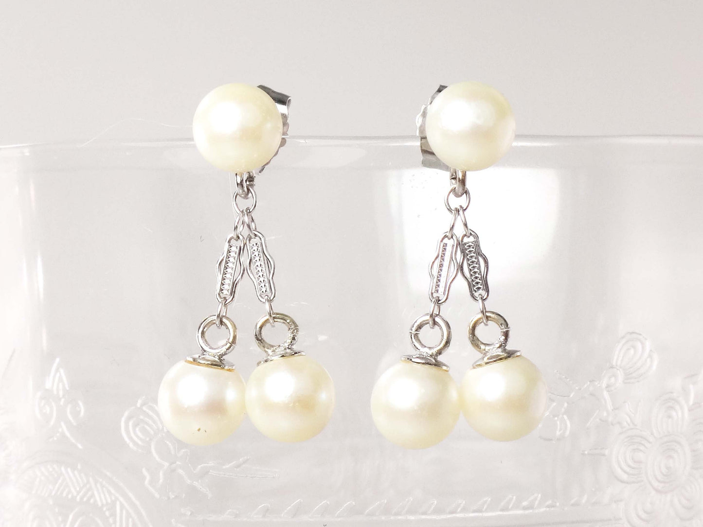 Vintage 14k White Gold Pearl Dangle Earrings, Bridal Fine Jewelry