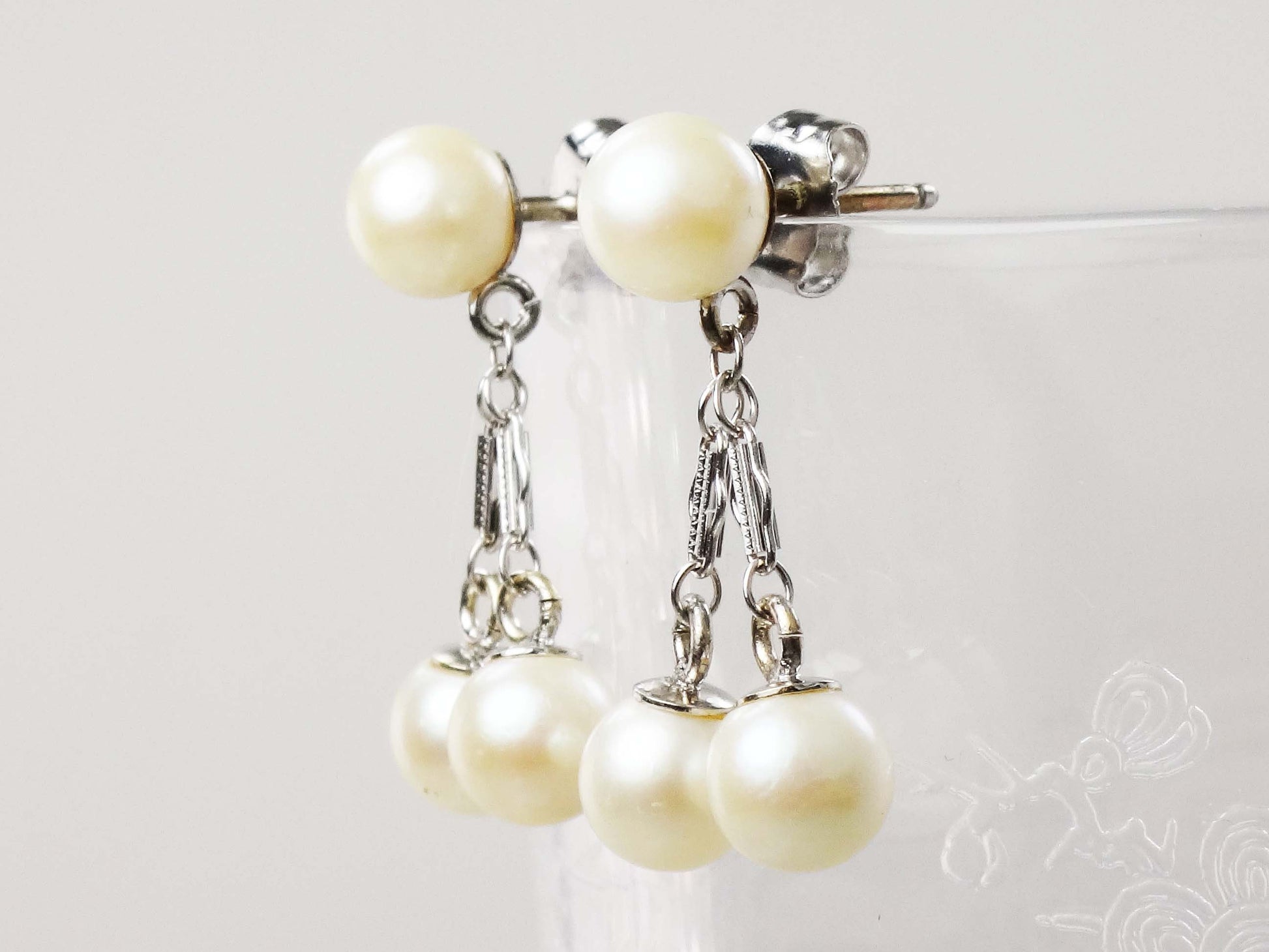 Vintage 14k White Gold Pearl Dangle Earrings, Bridal Fine Jewelry