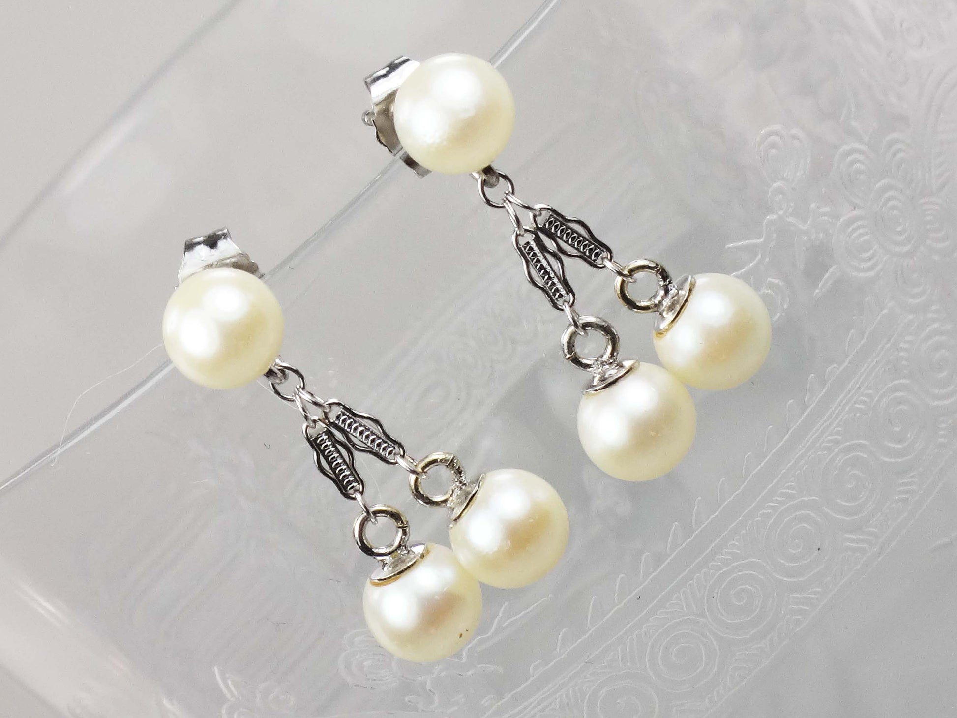 Vintage 14k White Gold Pearl Dangle Earrings, Bridal Fine Jewelry
