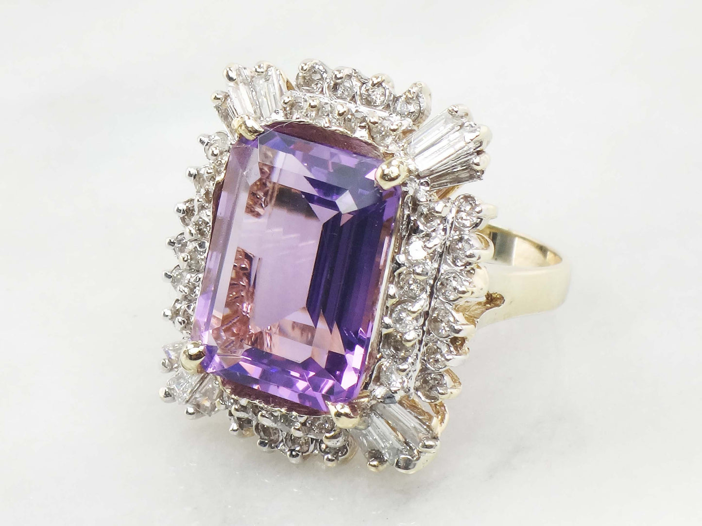 Vintage Large 14k Gold Amethyst Ring with Diamonds, 10 CT Natural Amethyst Statement Ring 1.5 CT Diamonds