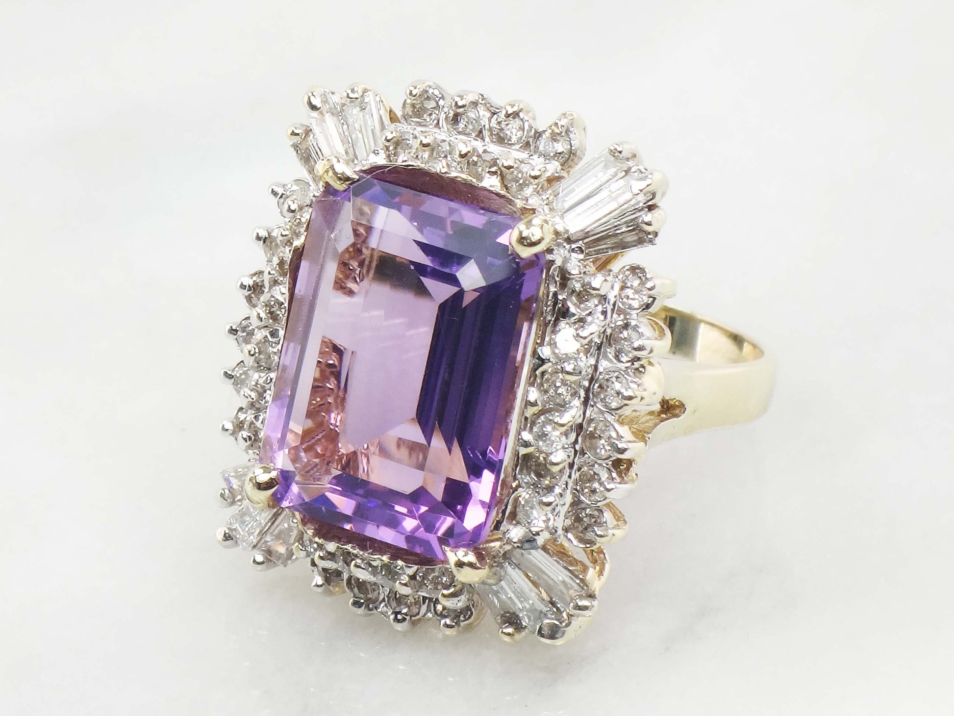 Vintage Large 14k Gold Amethyst Ring with Diamonds, 10 CT Natural Amethyst Statement Ring 1.5 CT Diamonds