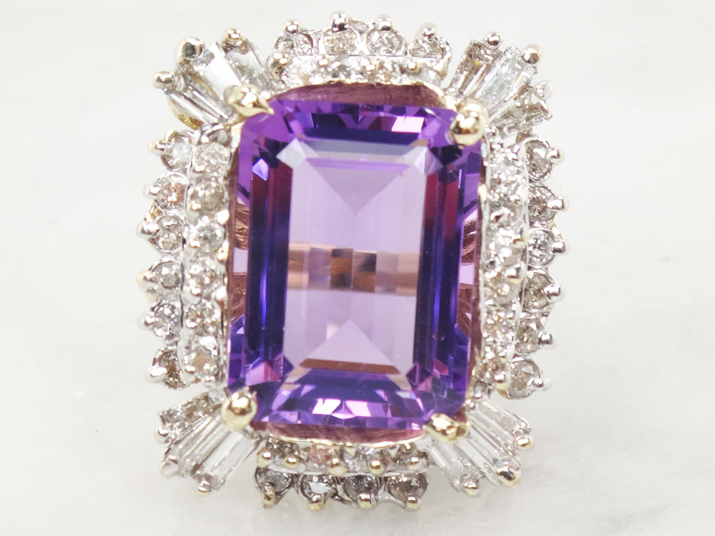 Vintage Large 14k Gold Amethyst Ring with Diamonds, 10 CT Natural Amethyst Statement Ring 1.5 CT Diamonds