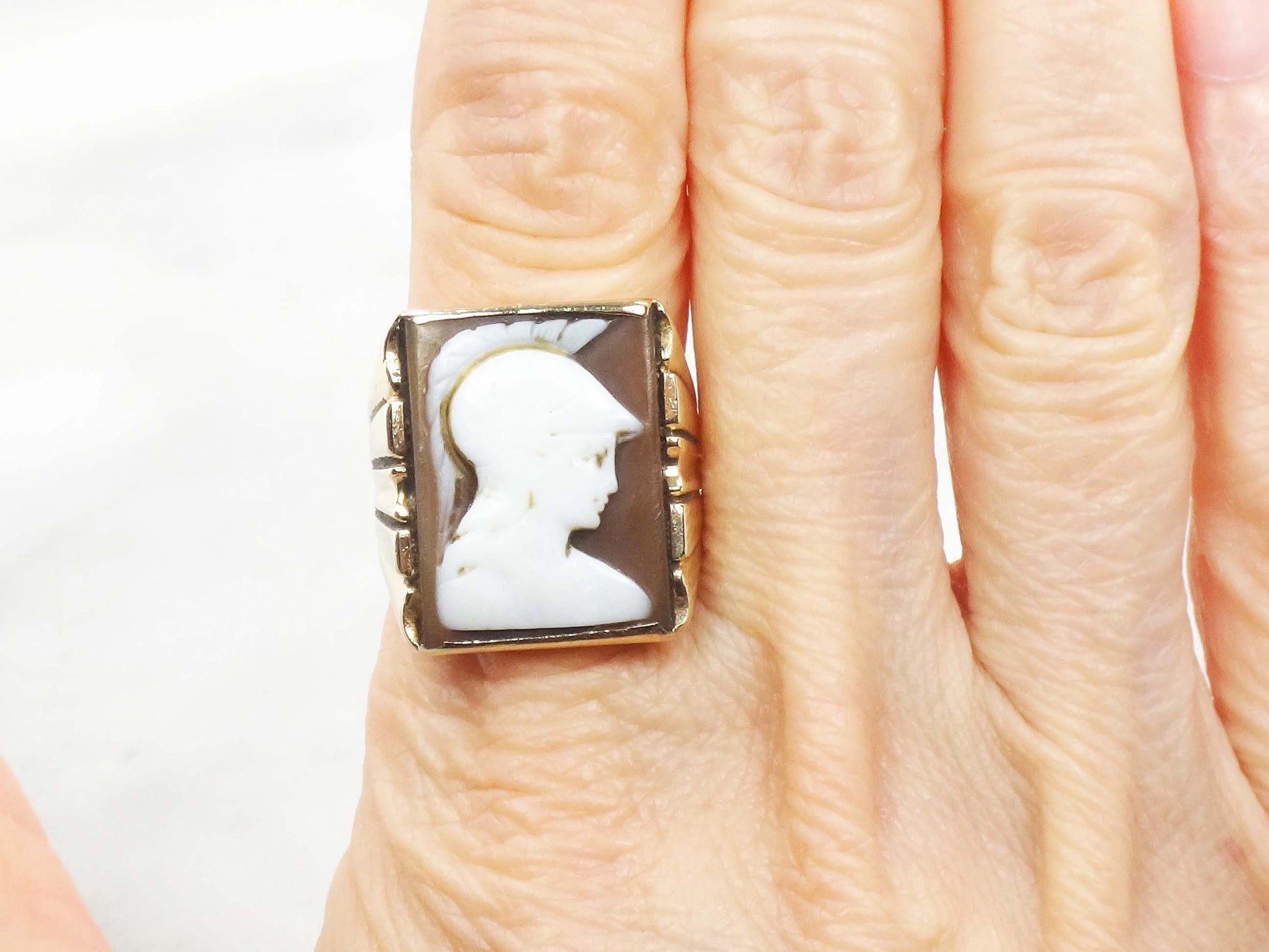 Vintage 14k Cameo Ring Antique Men's Gold Ring Carved Shell Cameo Ring Men's Ring Roman Soldier Ring Size 8 Men's Cameo Ring