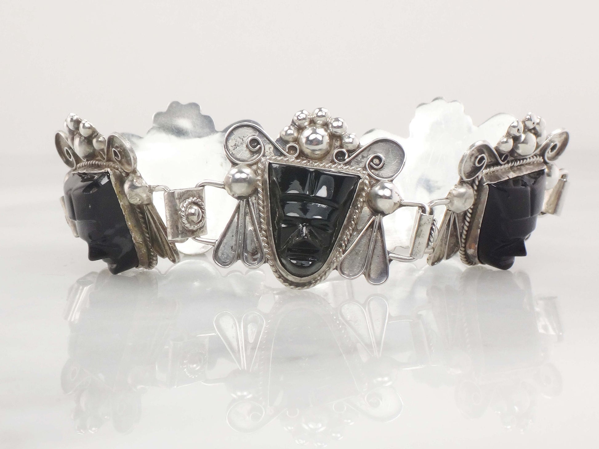 Vintage Sterling Silver Panel Bracelet Mexico Hinged Mask Bracelet Carved Black Onyx Faces Bracelet Wide Bracelet Statement Bracelet 8"