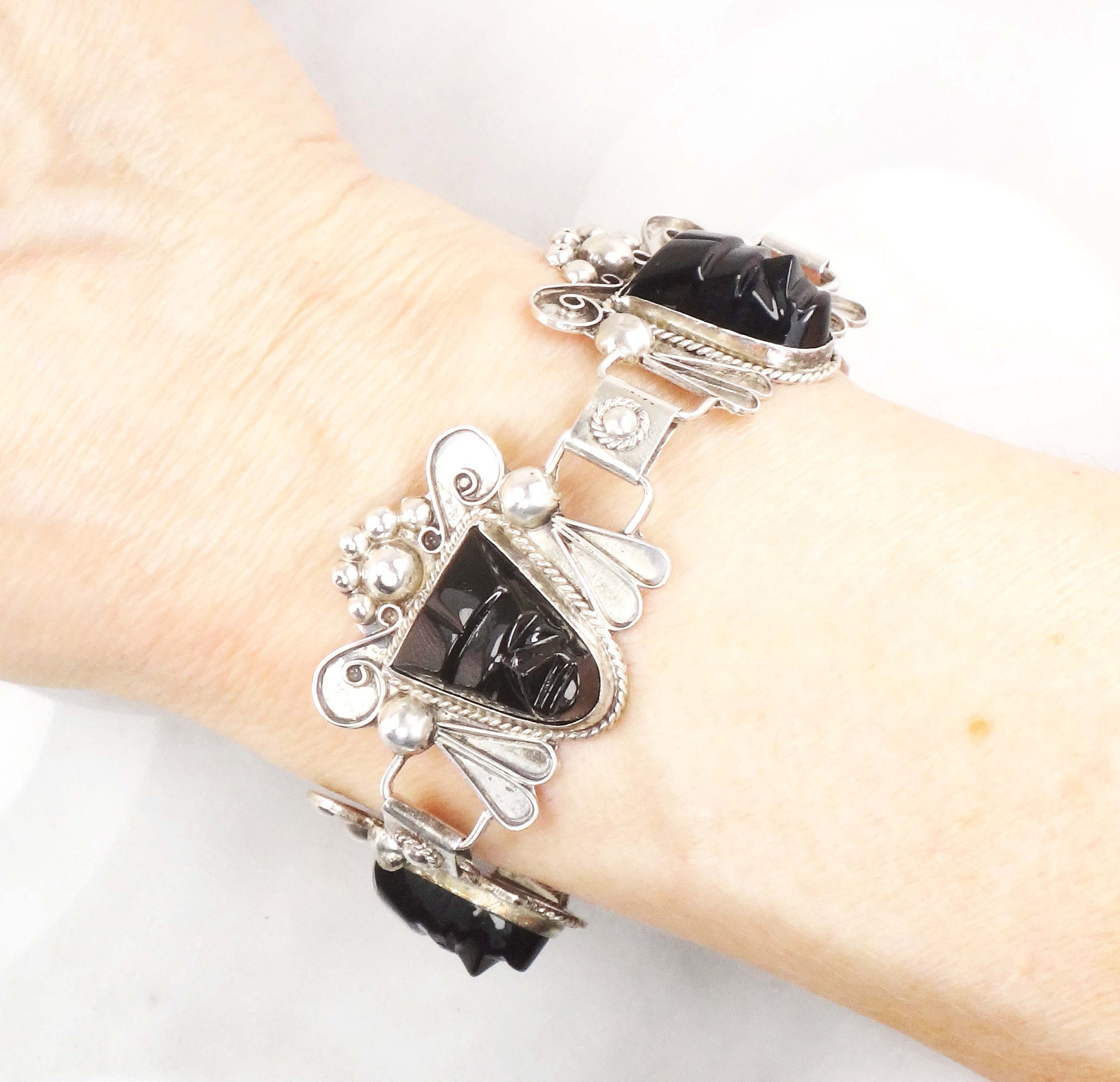 Vintage Sterling Silver Panel Bracelet Mexico Hinged Mask Bracelet Carved Black Onyx Faces Bracelet Wide Bracelet Statement Bracelet 8"