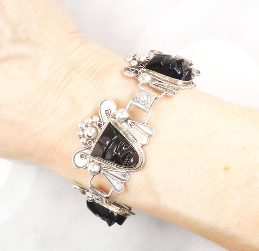 Vintage Sterling Silver Panel Bracelet Mexico Hinged Mask Bracelet Carved Black Onyx Faces Bracelet Wide Bracelet Statement Bracelet 8"