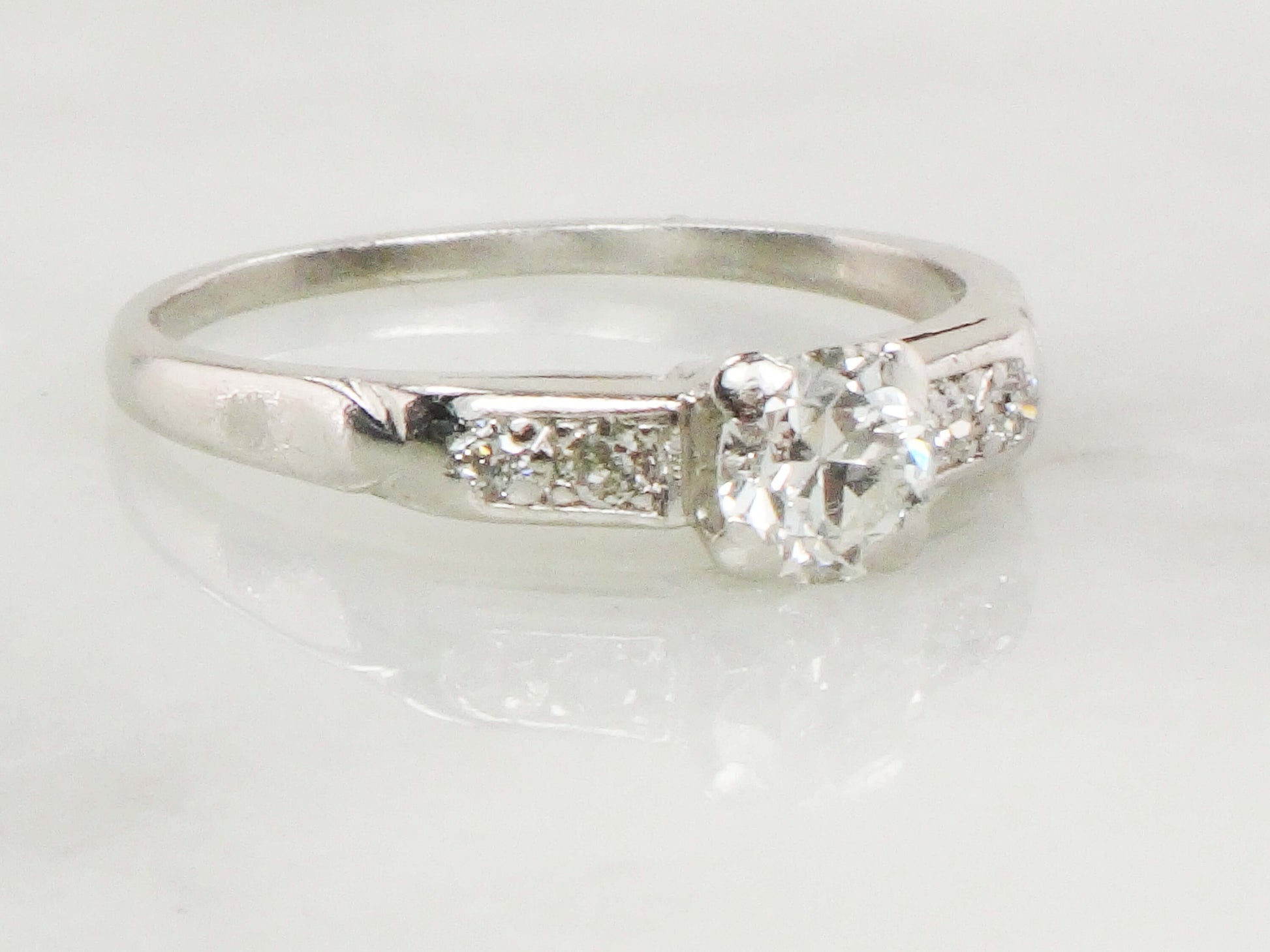 Vintage Platinum Diamond Engagement Ring: Transitional Cut, Circa 1940s, Size 7.5