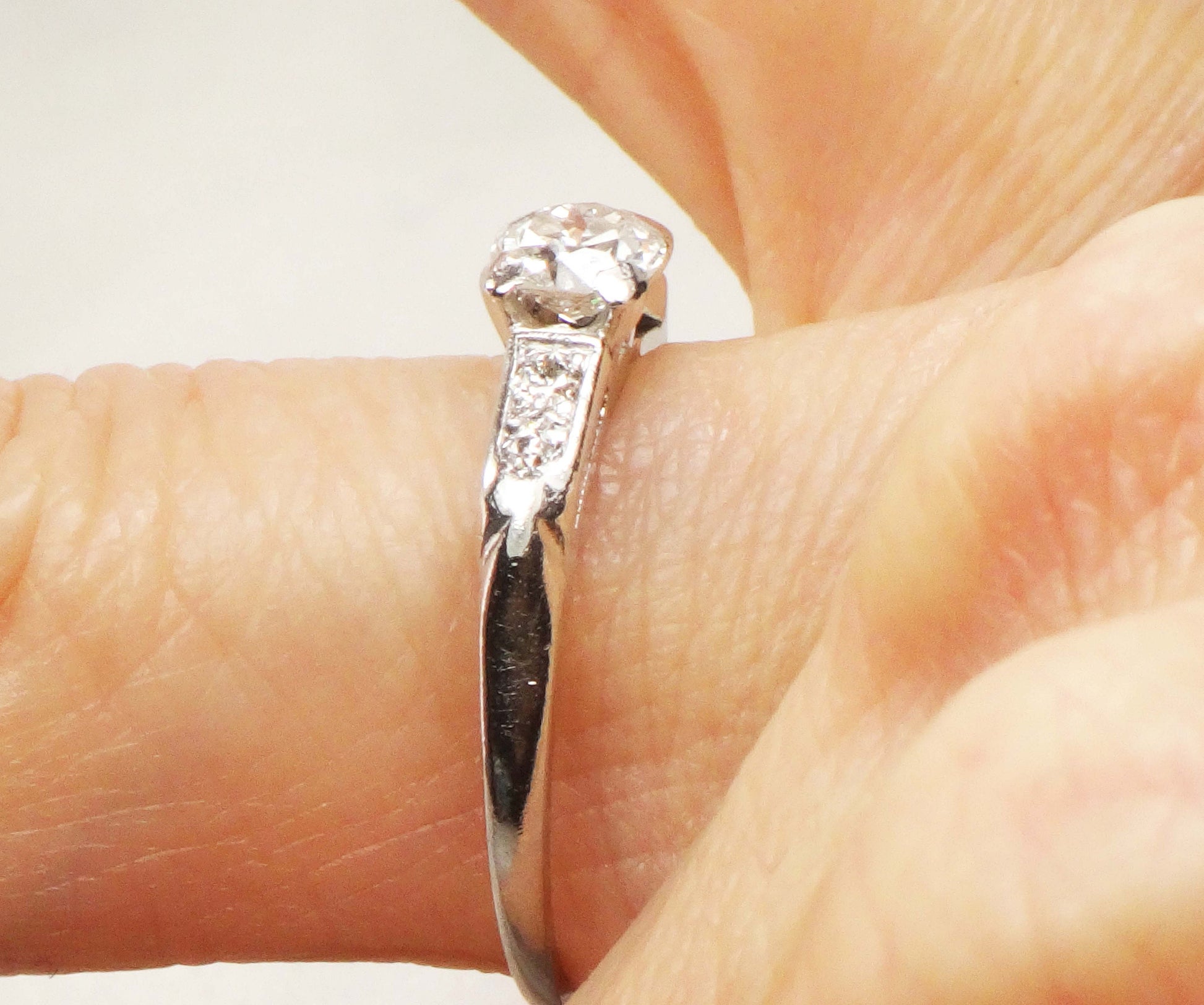 Vintage Platinum Diamond Engagement Ring: Transitional Cut, Circa 1940s, Size 7.5