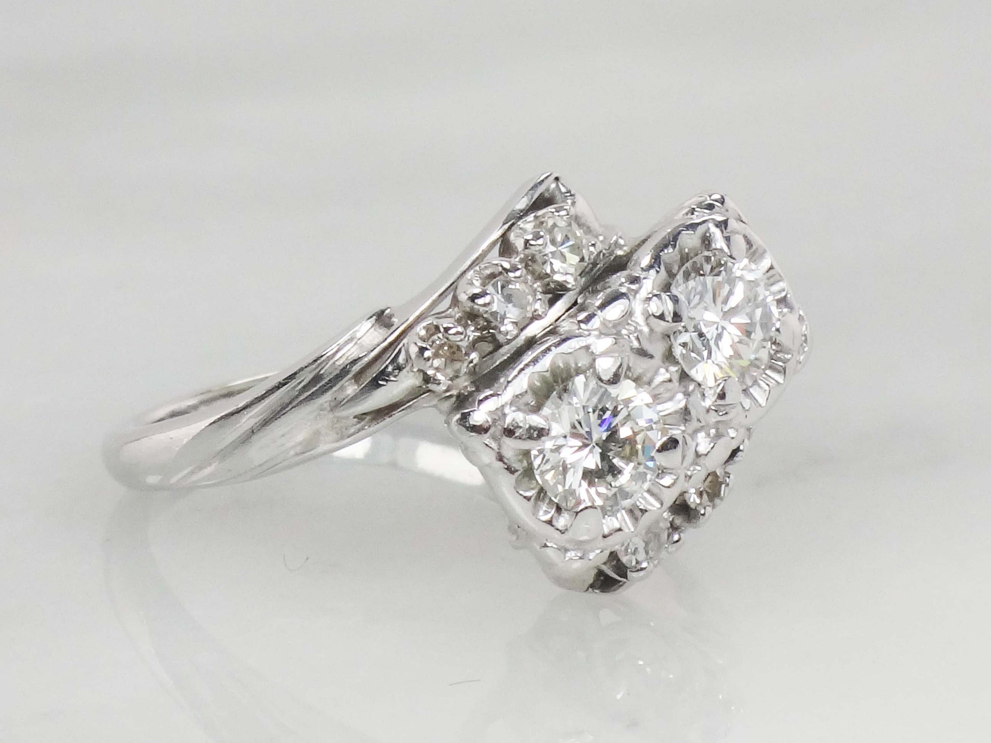 Vintage 14k Toi et Moi Natural Diamond Ring White Gold Two Diamond Ring .75 Carat TDW Anniversary Ring
