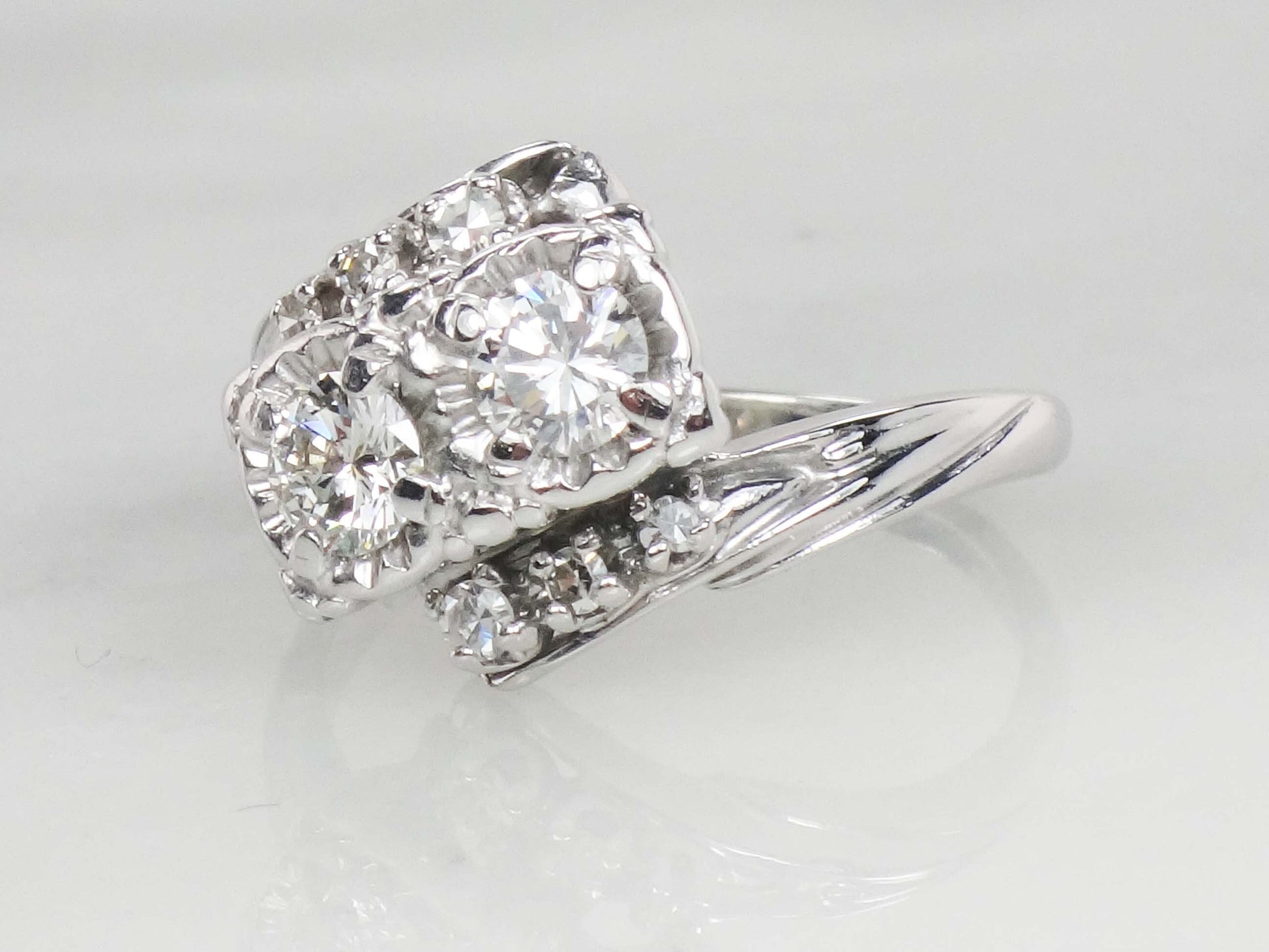 Vintage 14k Toi et Moi Natural Diamond Ring White Gold Two Diamond Ring .75 Carat TDW Anniversary Ring