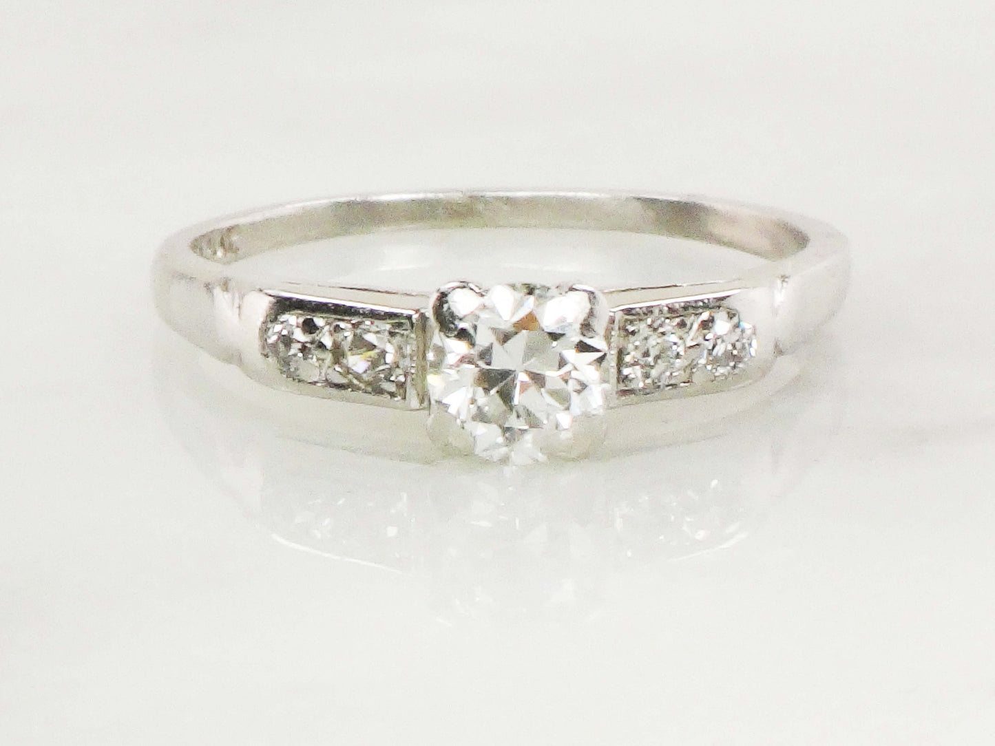 Vintage Platinum Diamond Engagement Ring: Transitional Cut, Circa 1940s, Size 7.5