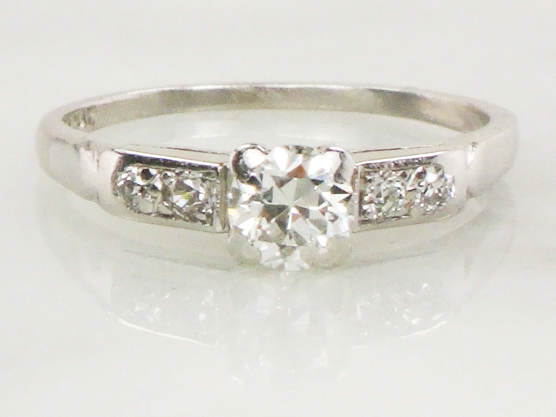 Vintage Platinum Diamond Engagement Ring: Transitional Cut, Circa 1940s, Size 7.5