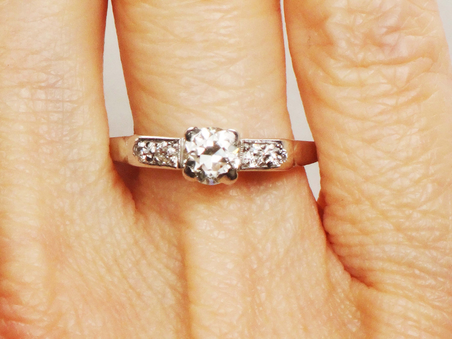 Vintage Platinum Diamond Engagement Ring: Transitional Cut, Circa 1940s, Size 7.5